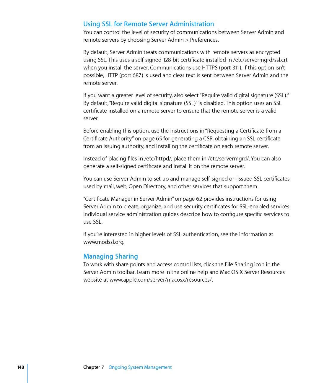 Apple 10.6 manual Using SSL for Remote Server Administration, Managing Sharing 