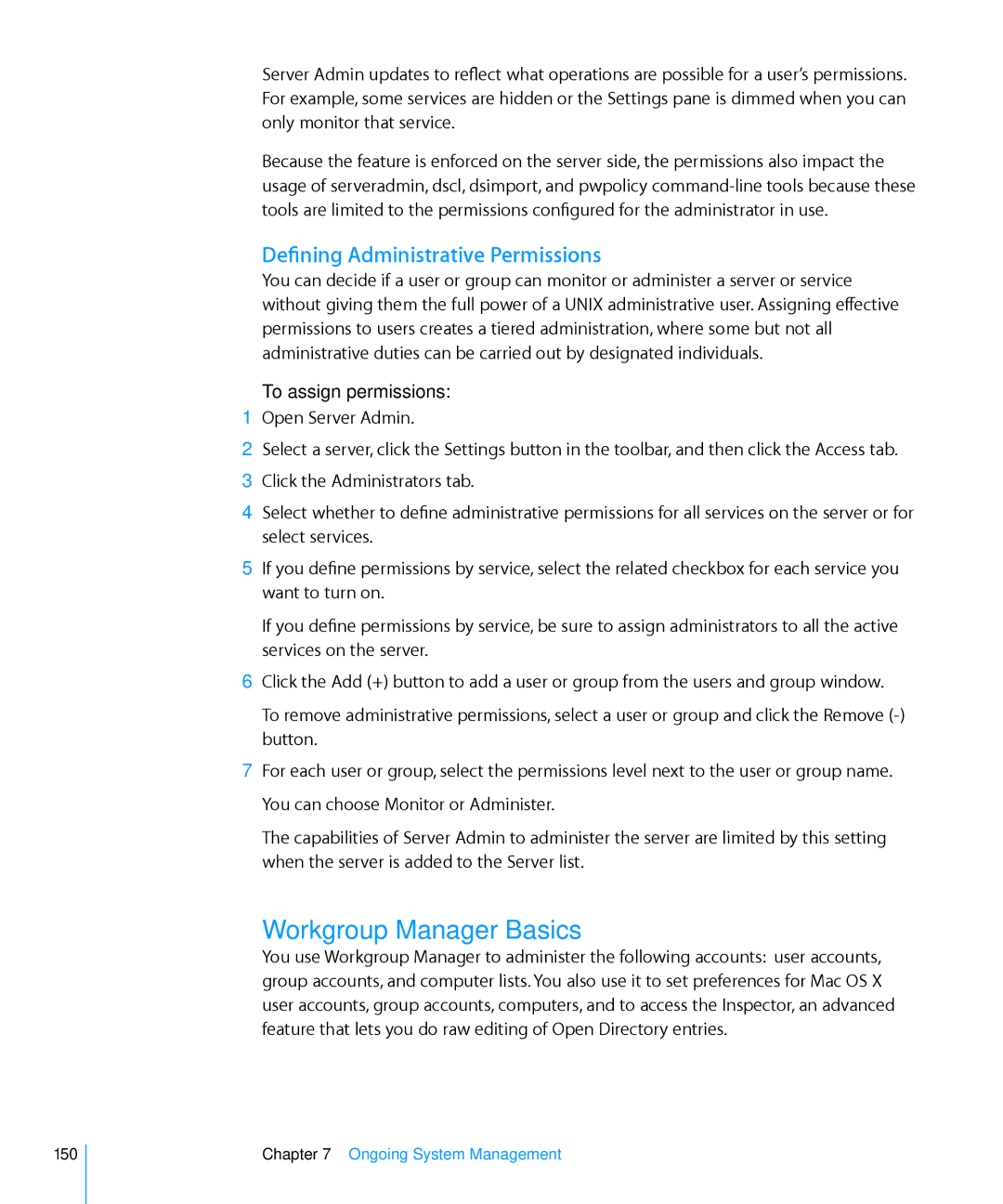 Apple 10.6 manual Workgroup Manager Basics, Defining Administrative Permissions, To assign permissions 