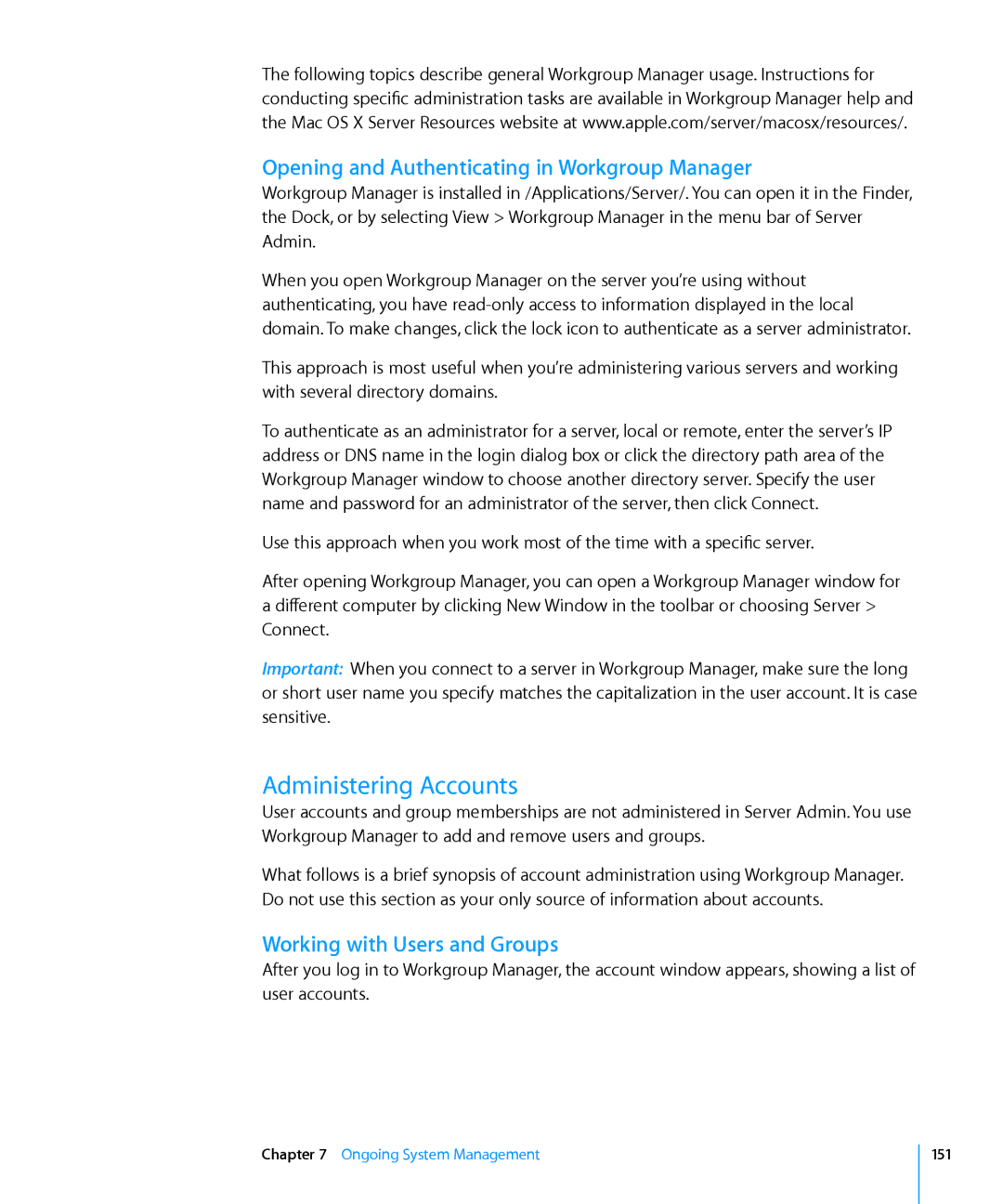 Apple 10.6 manual Administering Accounts, Opening and Authenticating in Workgroup Manager, Working with Users and Groups 