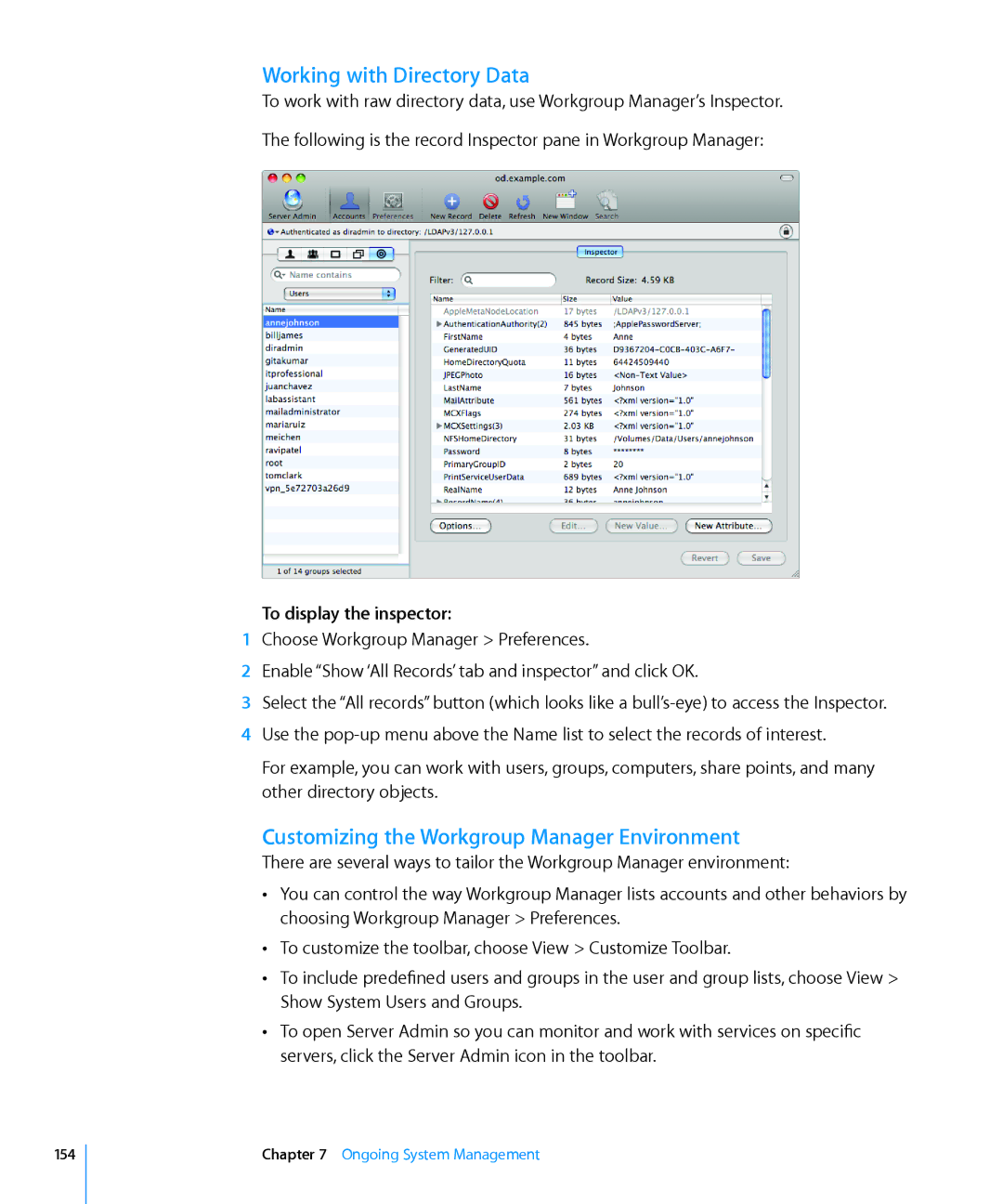 Apple 10.6 manual Working with Directory Data, To display the inspector 