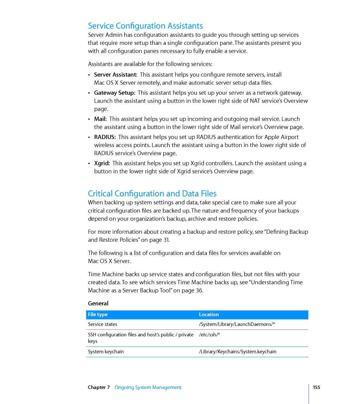 Apple 10.6 manual Service Configuration Assistants, Critical Configuration and Data Files, General 