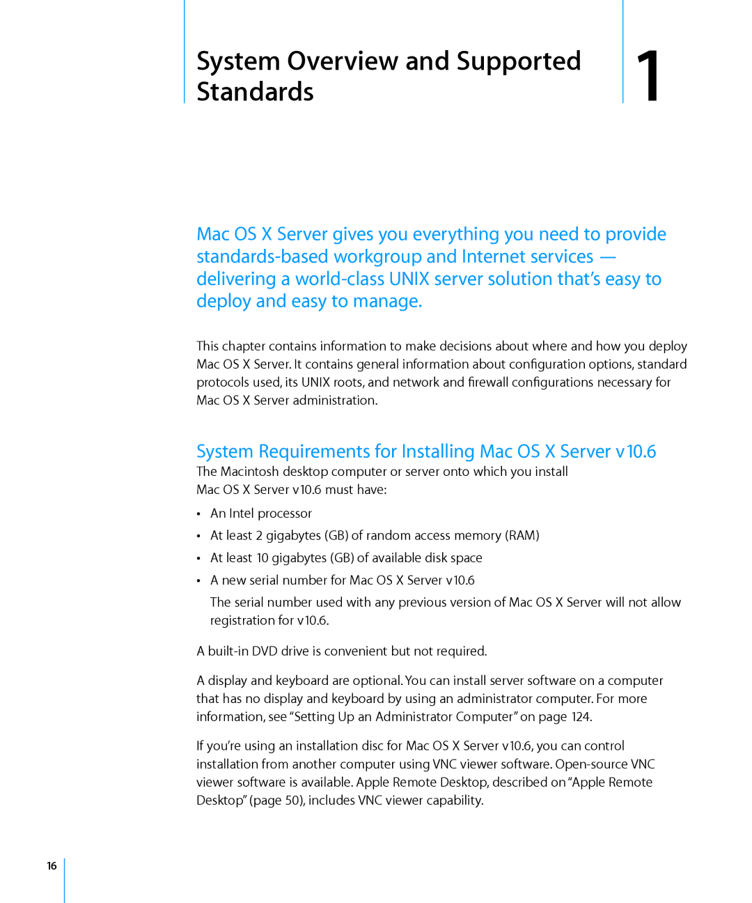 Apple 10.6 manual Standards, System Requirements for Installing Mac OS X Server 