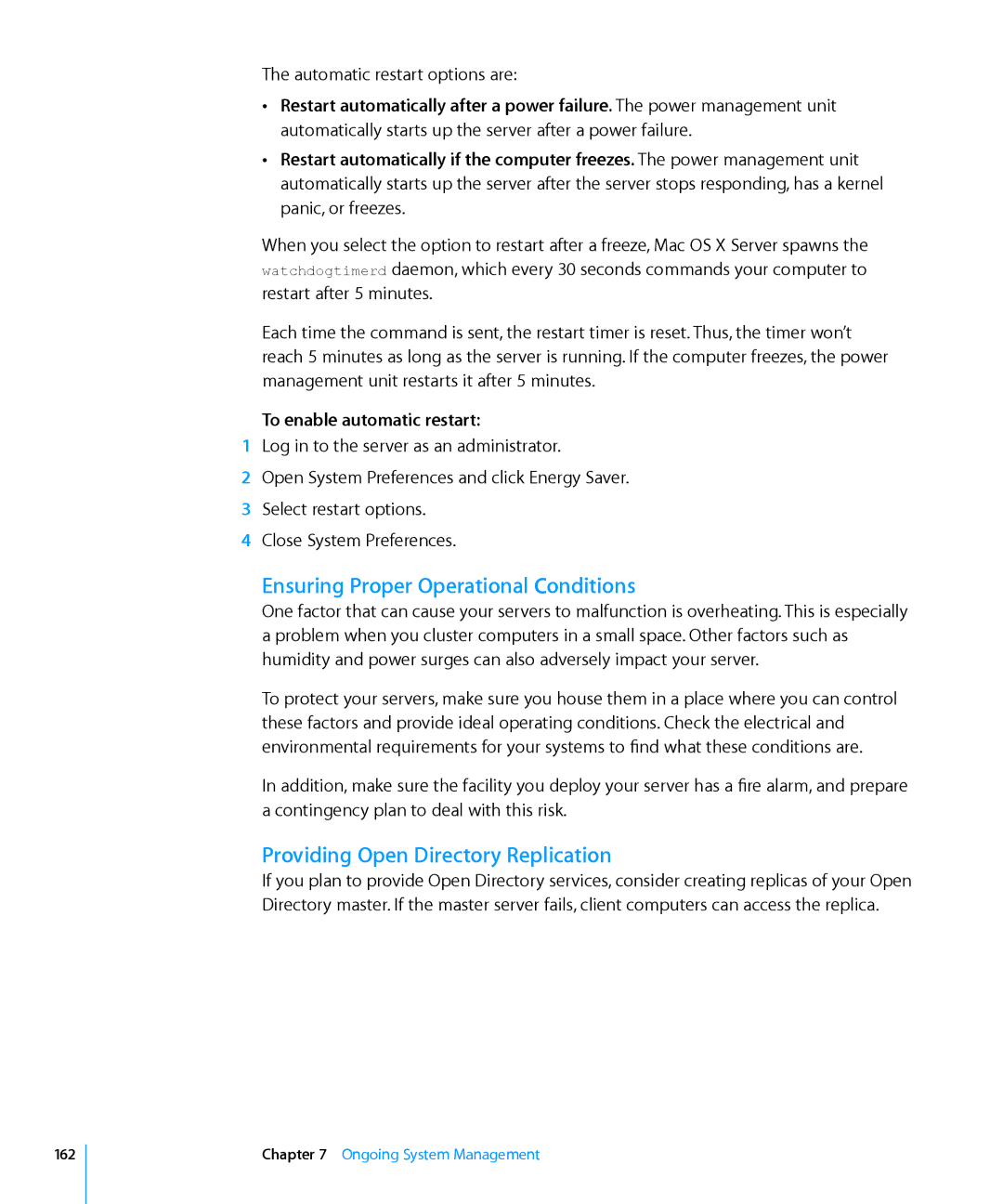Apple 10.6 Ensuring Proper Operational Conditions, Providing Open Directory Replication, Automatic restart options are 