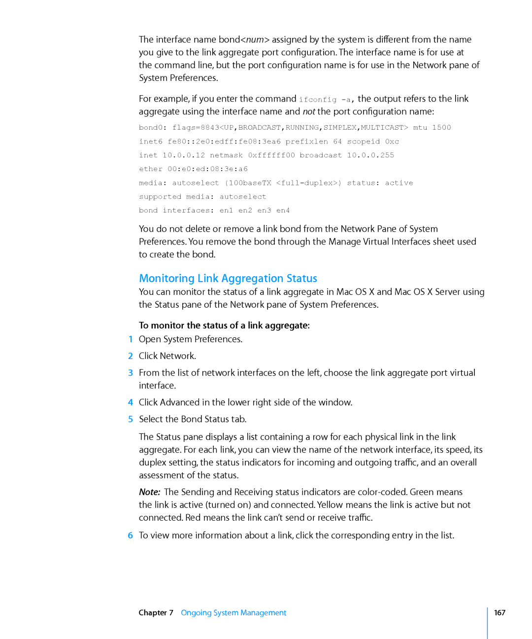 Apple 10.6 manual Monitoring Link Aggregation Status, To monitor the status of a link aggregate 