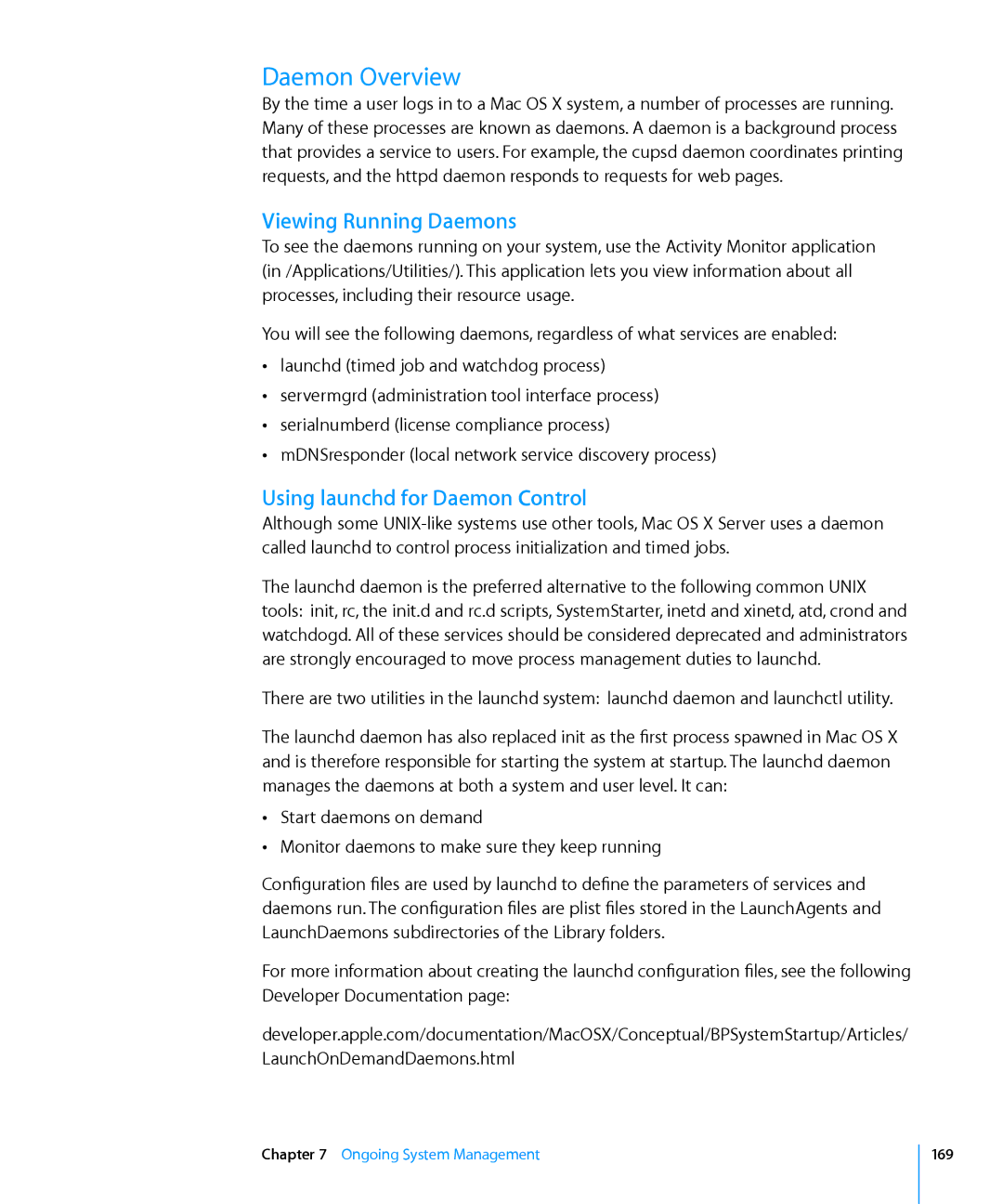 Apple 10.6 manual Daemon Overview, Viewing Running Daemons, Using launchd for Daemon Control 