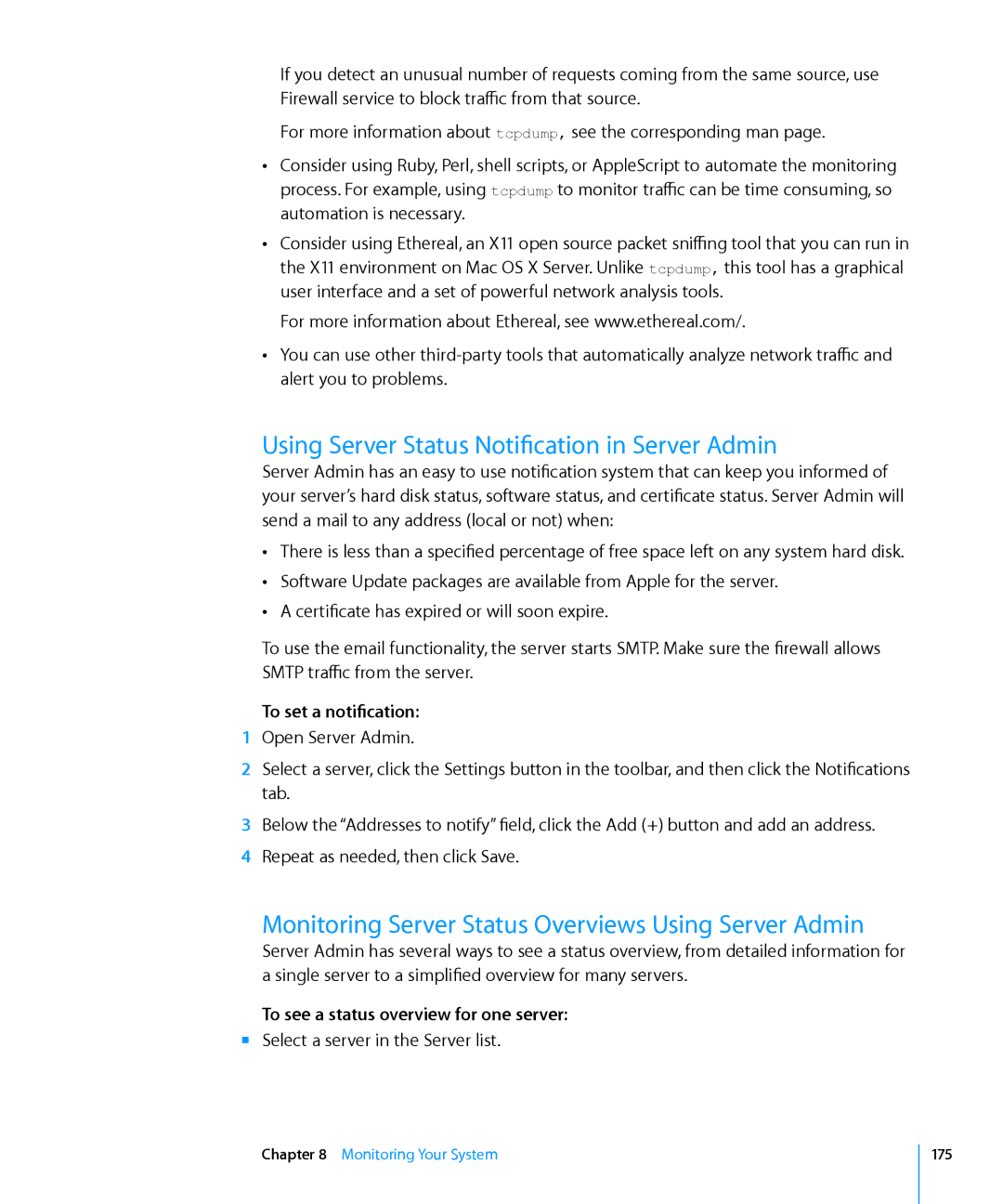 Apple 10.6 manual Using Server Status Notification in Server Admin, Monitoring Server Status Overviews Using Server Admin 