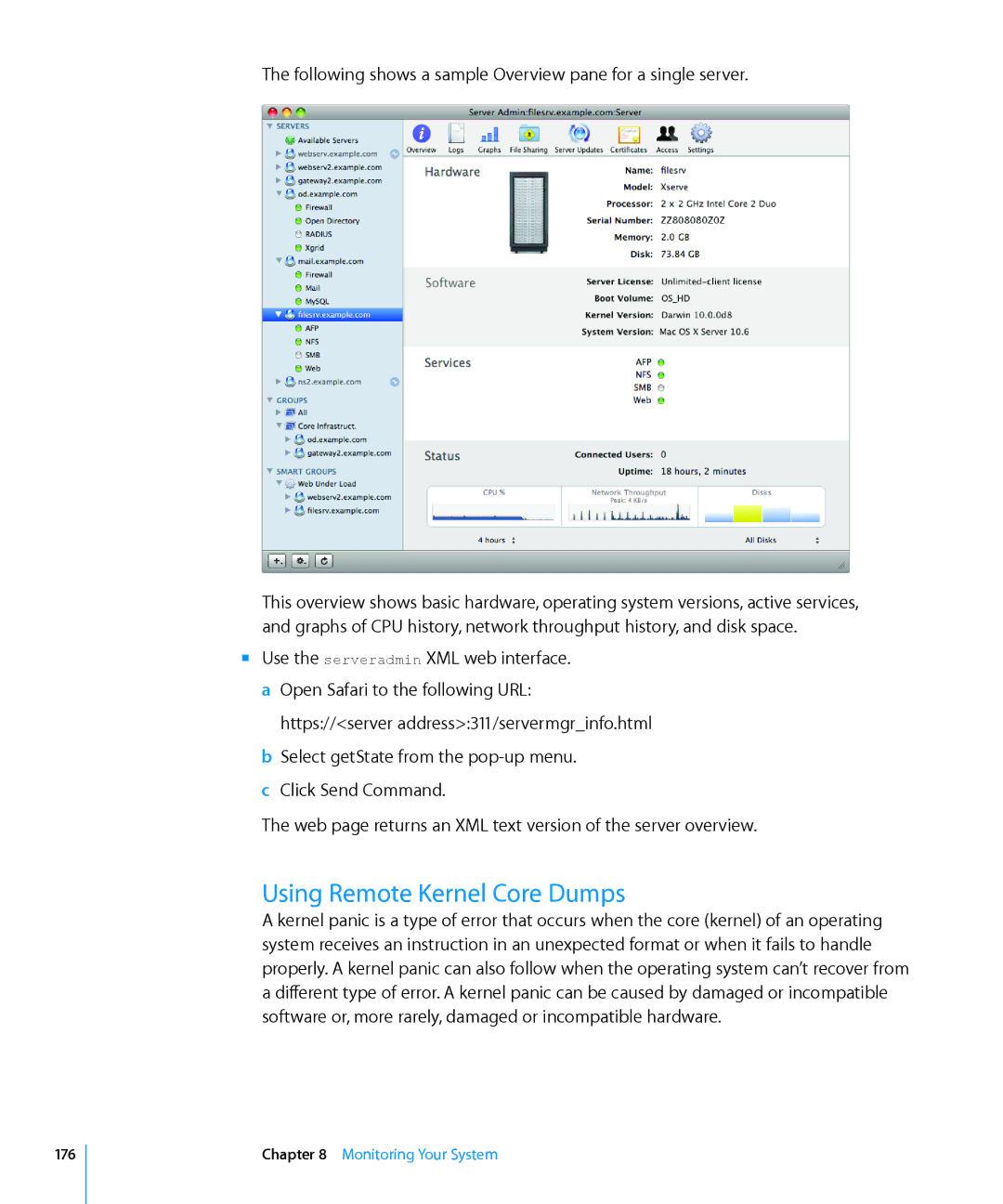 Apple 10.6 manual Using Remote Kernel Core Dumps, Following shows a sample Overview pane for a single server 