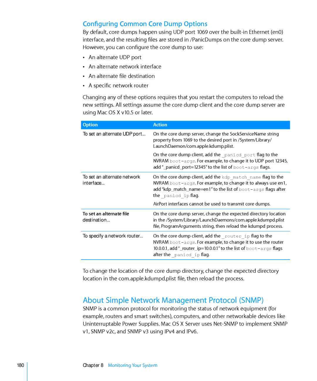 Apple 10.6 manual About Simple Network Management Protocol Snmp, Configuring Common Core Dump Options 