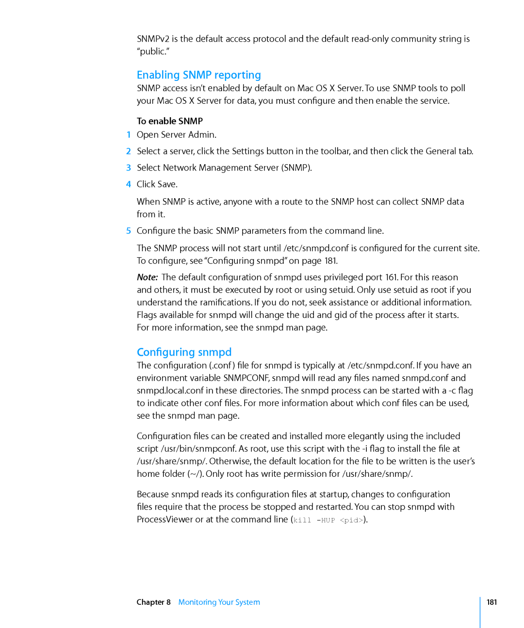 Apple 10.6 manual Enabling Snmp reporting, Configuring snmpd, To enable Snmp 