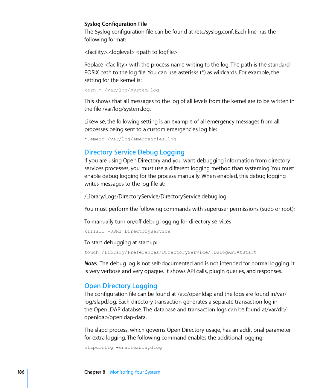 Apple 10.6 manual Directory Service Debug Logging, Open Directory Logging, Syslog Configuration File 