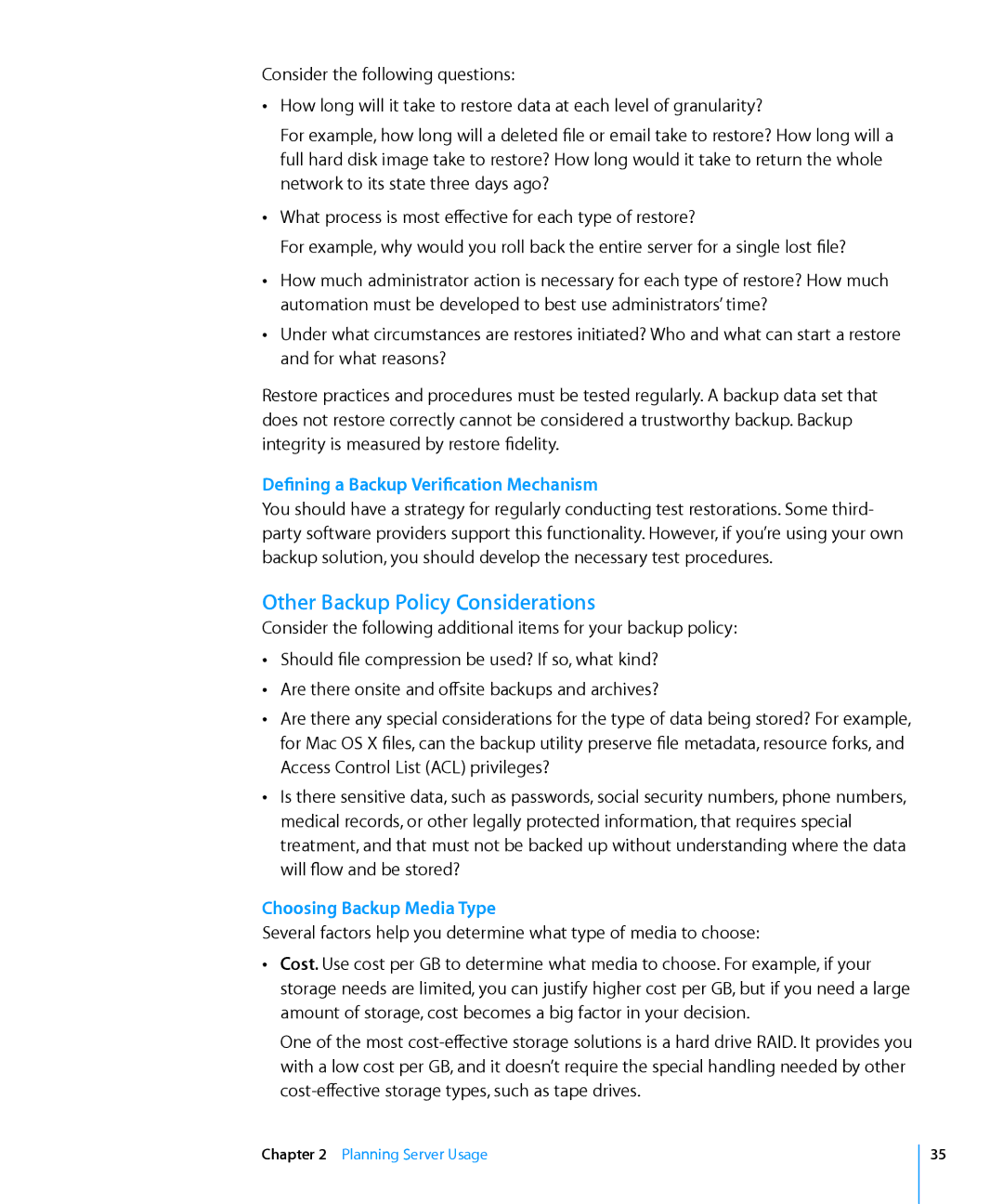 Apple 10.6 manual Other Backup Policy Considerations, Defining a Backup Verification Mechanism 