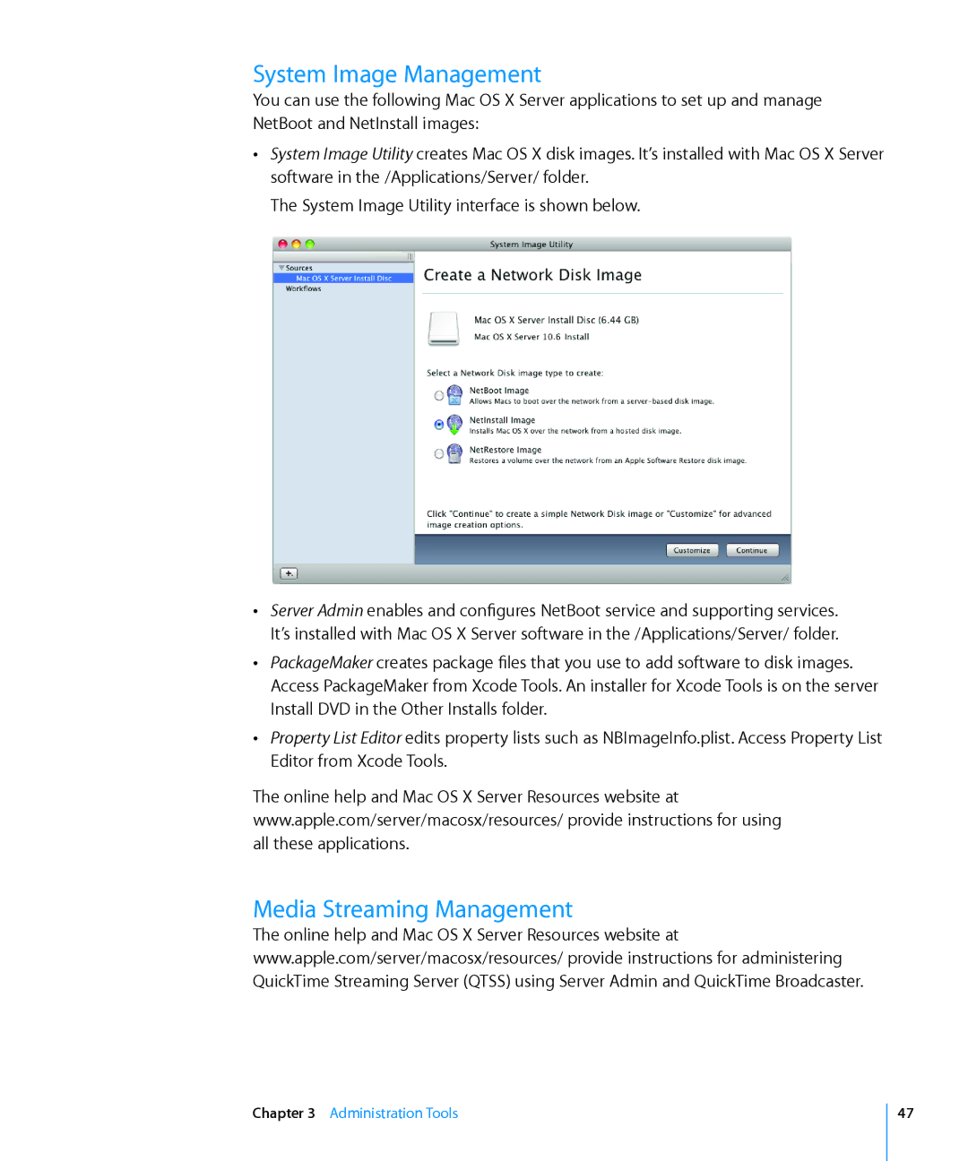 Apple 10.6 manual System Image Management, Media Streaming Management 