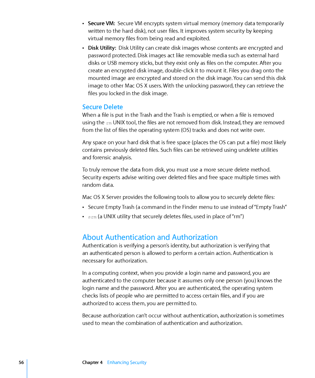 Apple 10.6 manual About Authentication and Authorization, Secure Delete 