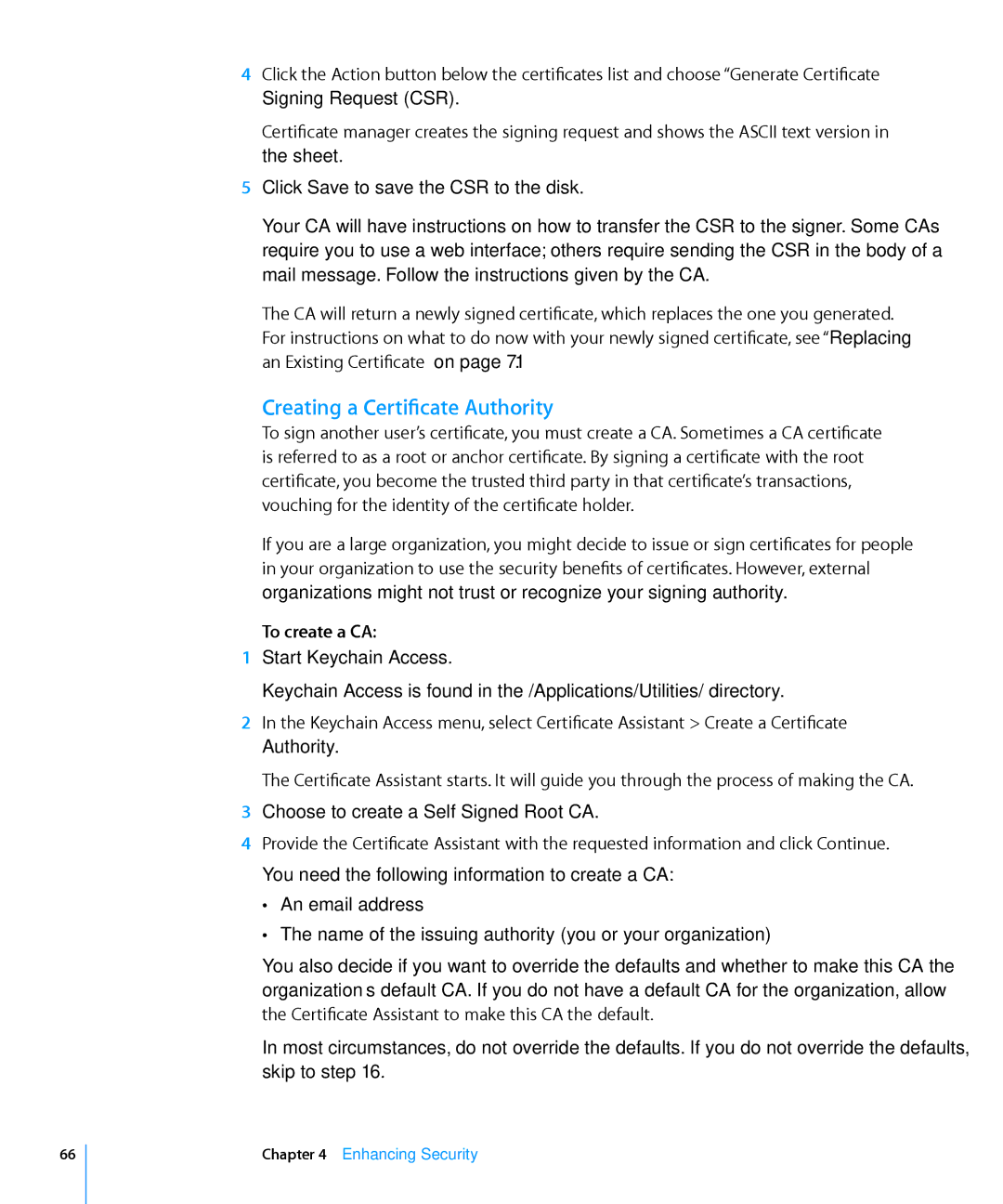 Apple 10.6 manual Creating a Certificate Authority, To create a CA 