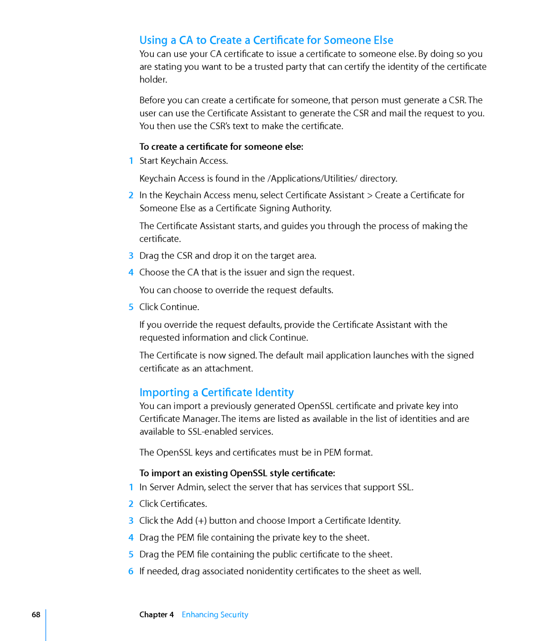 Apple 10.6 manual Using a CA to Create a Certificate for Someone Else, Importing a Certificate Identity 