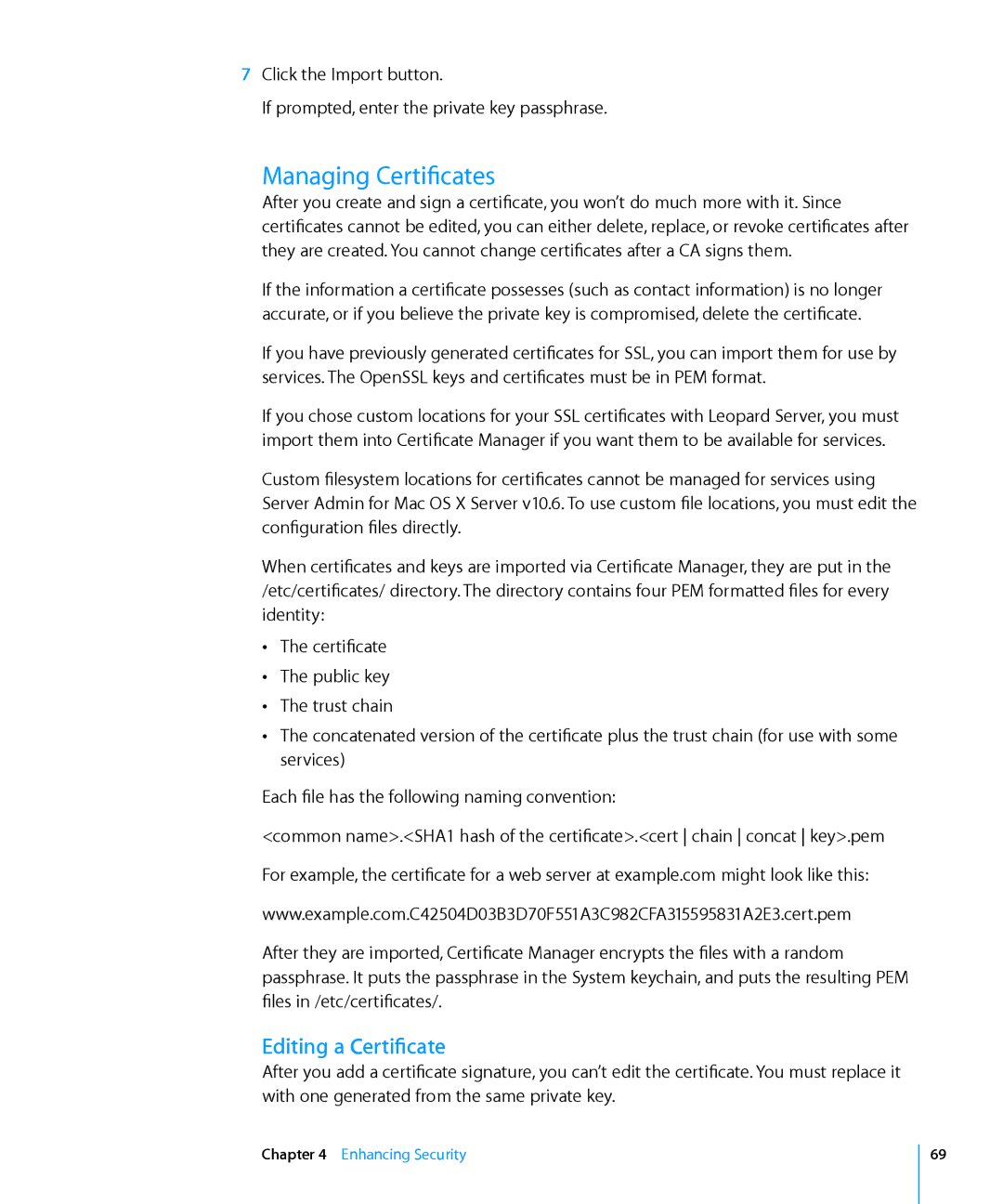 Apple 10.6 manual Managing Certificates, Editing a Certificate 