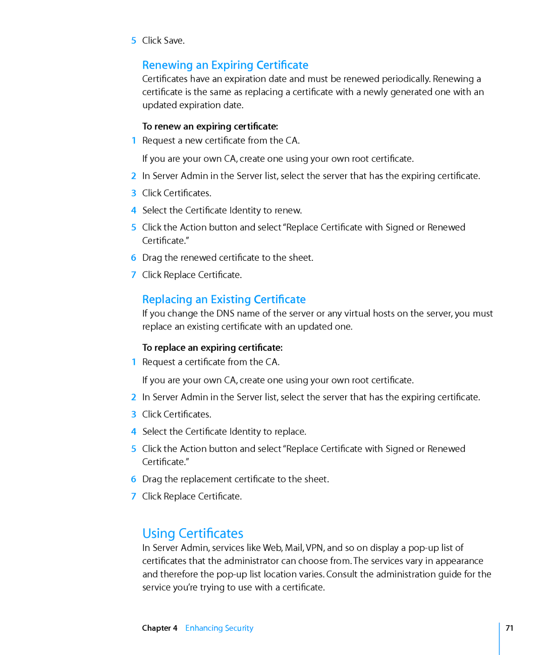 Apple 10.6 manual Using Certificates, Renewing an Expiring Certificate, Replacing an Existing Certificate 