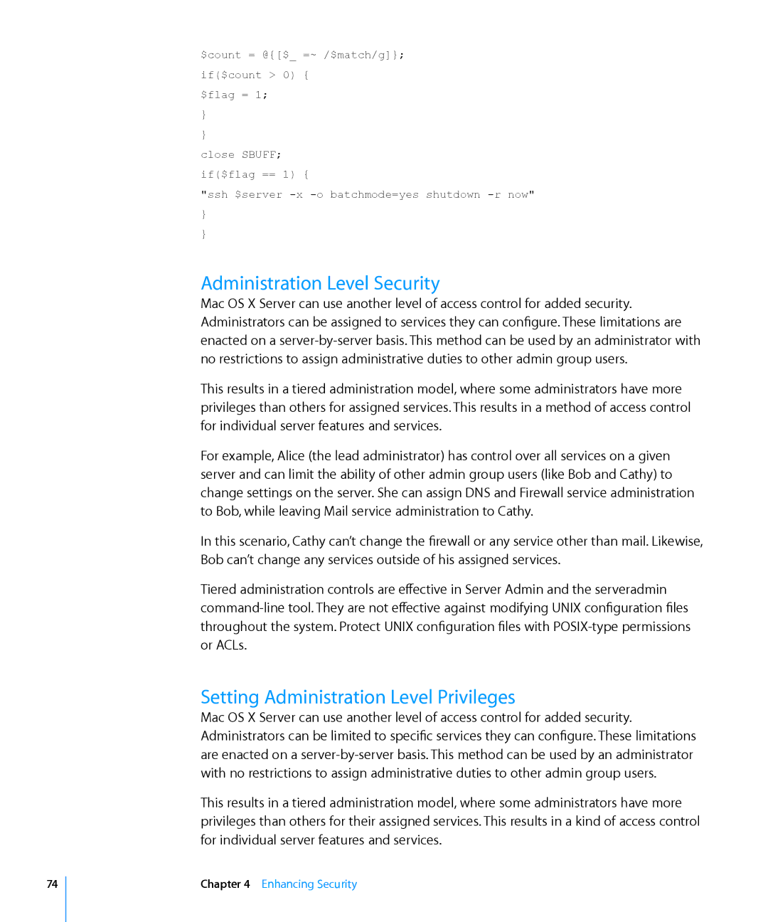 Apple 10.6 manual Administration Level Security, Setting Administration Level Privileges 