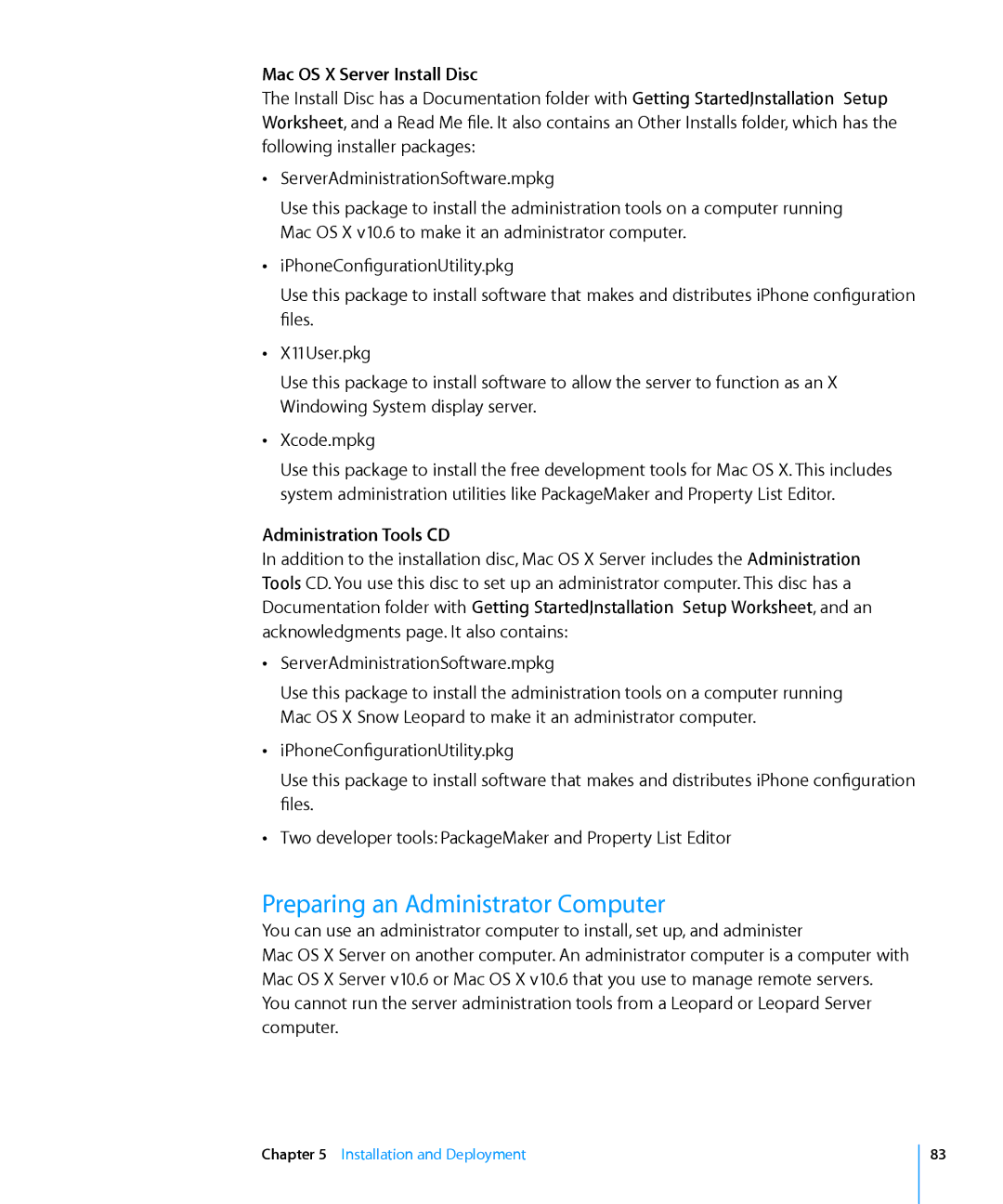 Apple 10.6 manual Preparing an Administrator Computer, Mac OS X Server Install Disc, Administration Tools CD 