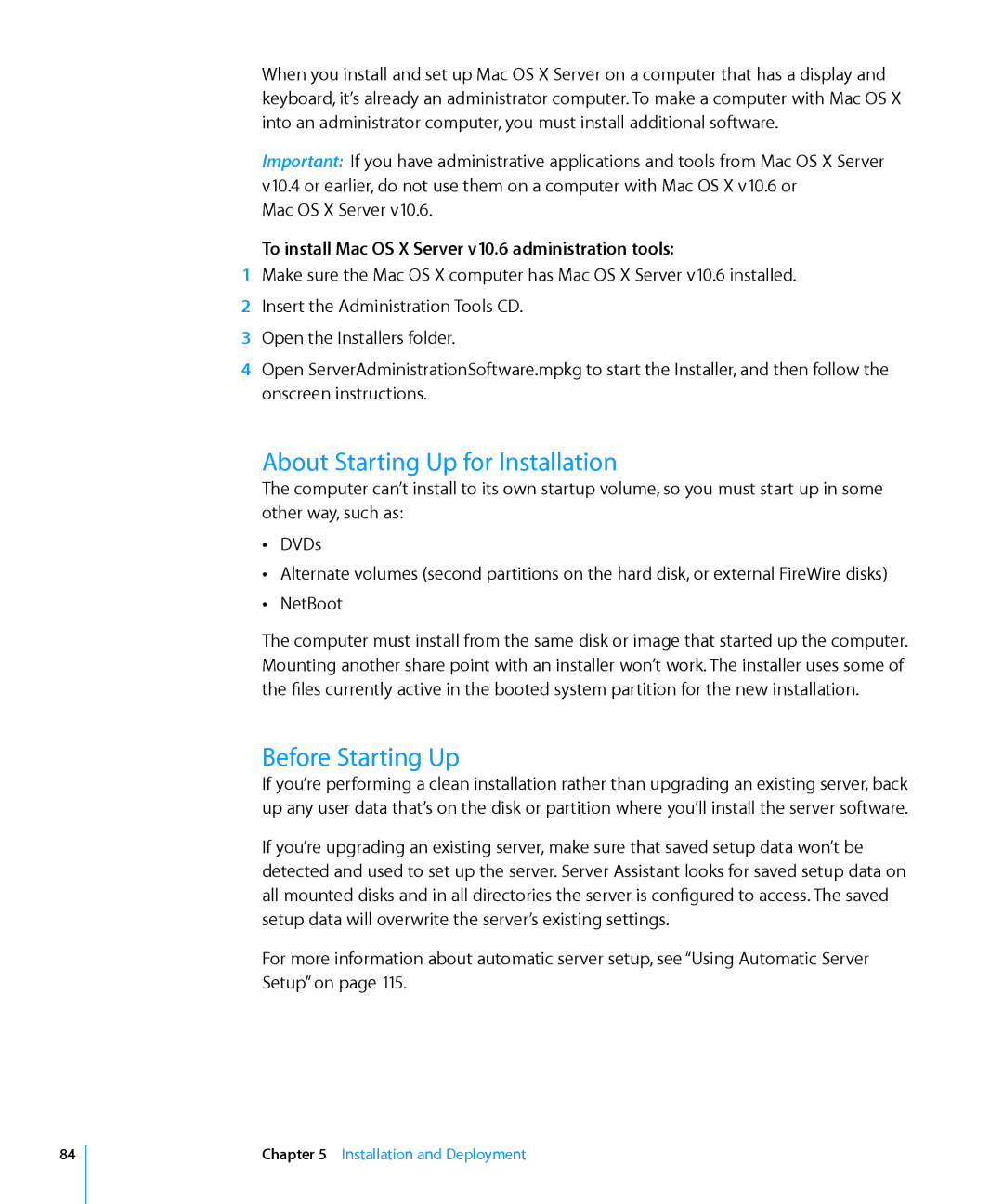 Apple About Starting Up for Installation, Before Starting Up, To install Mac OS X Server v10.6 administration tools 