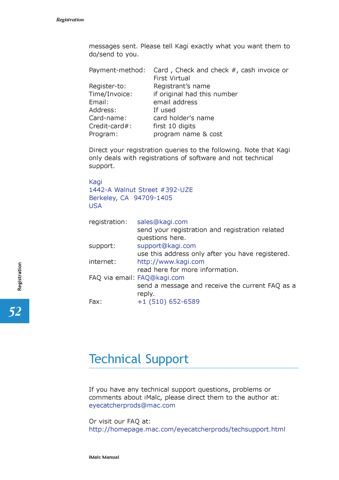 Apple 1.1.2 manual Technical Support, Support@kagi.com 