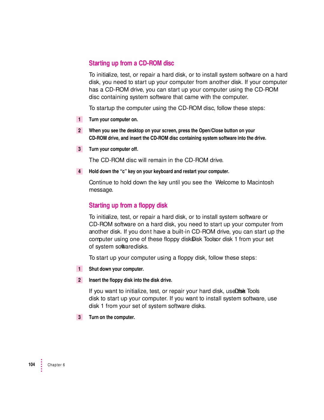Apple 120 Series user manual Starting up from a CD-ROM disc, Starting up from a floppy disk, Turn your computer on 