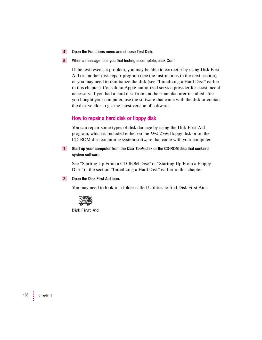 Apple 120 Series user manual How to repair a hard disk or floppy disk, Open the Disk First Aid icon 