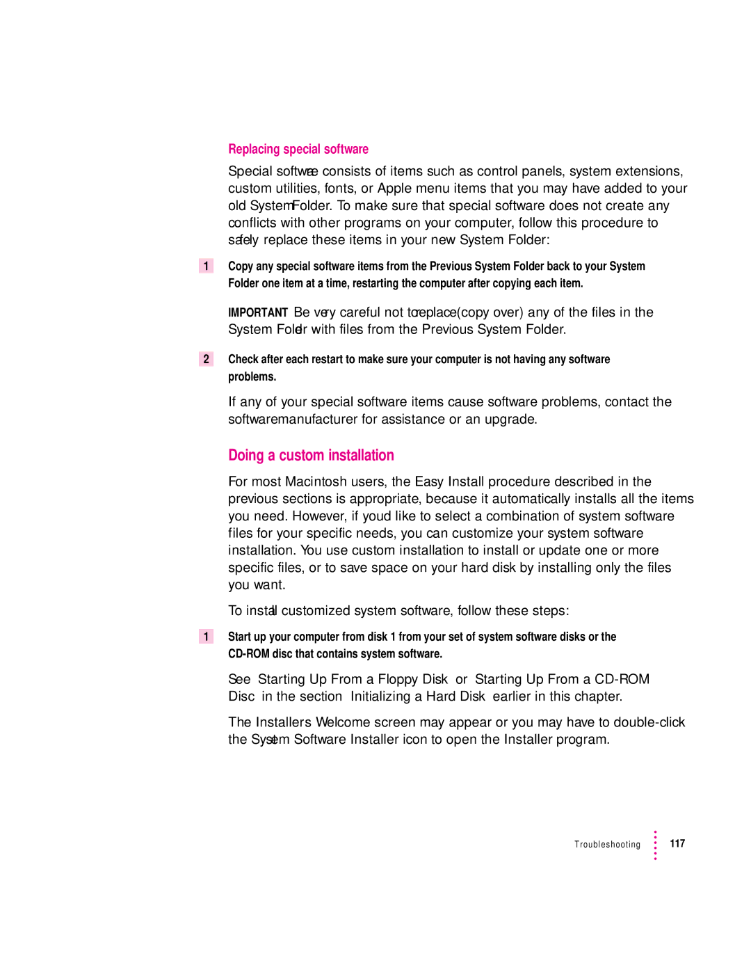 Apple 120 Series user manual Doing a custom installation, Replacing special software 