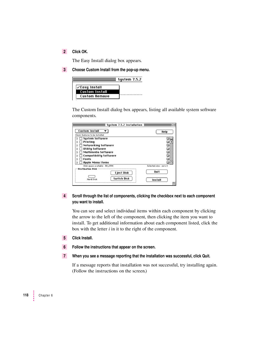 Apple 120 Series user manual Click OK, Choose Custom Install from the pop-up menu 