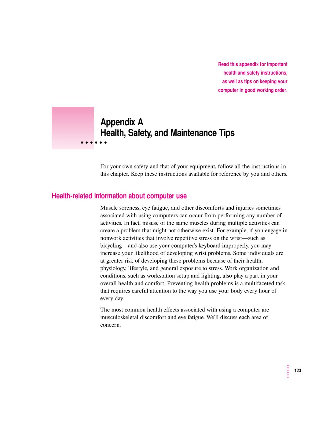 Apple 120 Series user manual Appendix a Health, Safety, and Maintenance Tips, Health-related information about computer use 