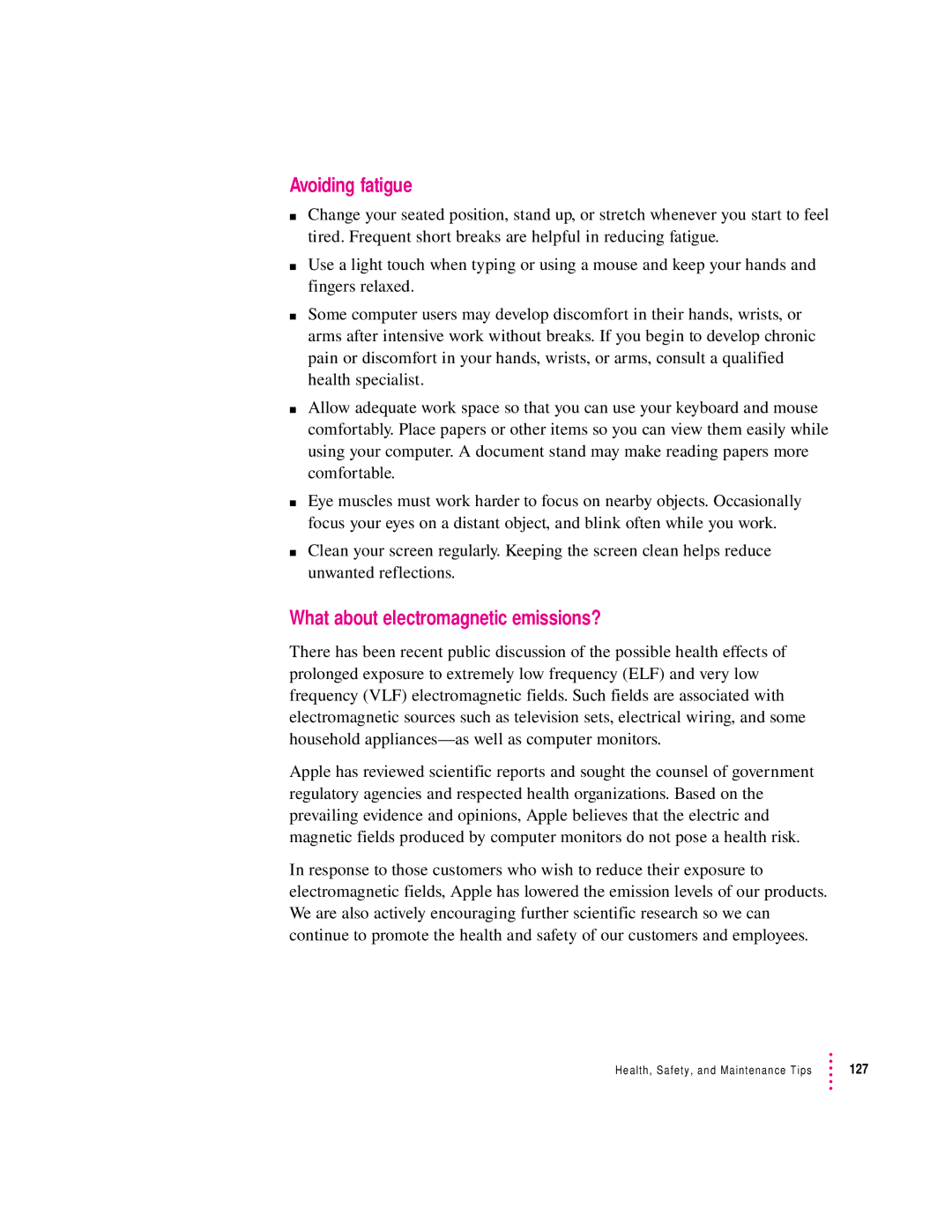 Apple 120 Series user manual Avoiding fatigue, What about electromagnetic emissions? 