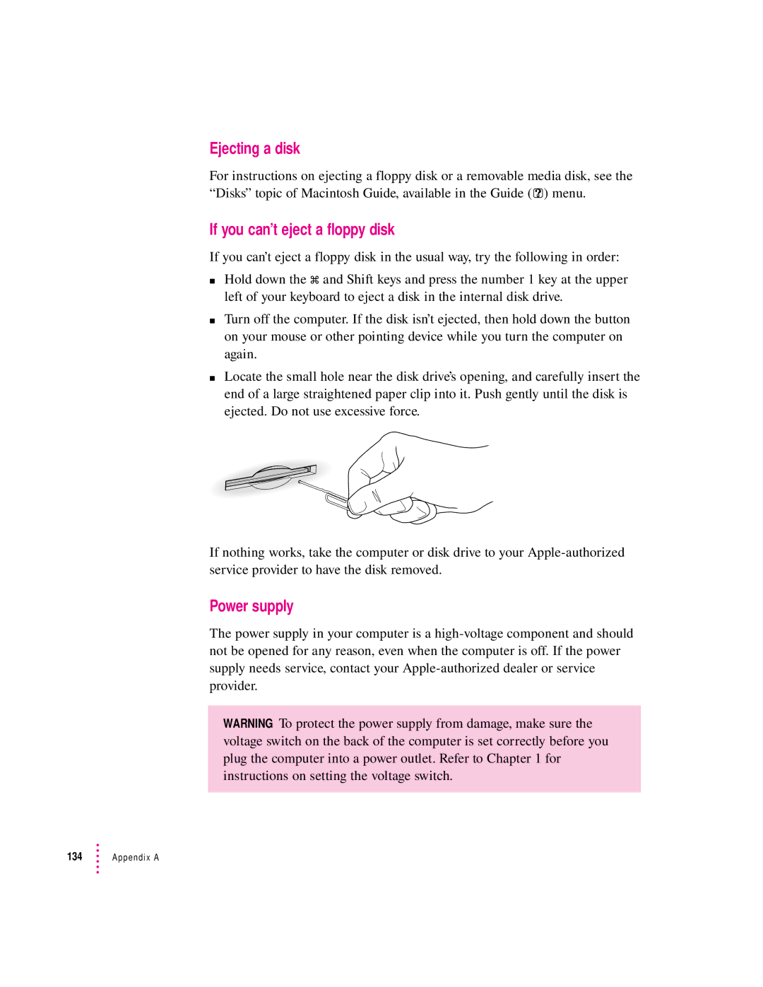 Apple 120 Series user manual Ejecting a disk, If you can’t eject a floppy disk, Power supply 