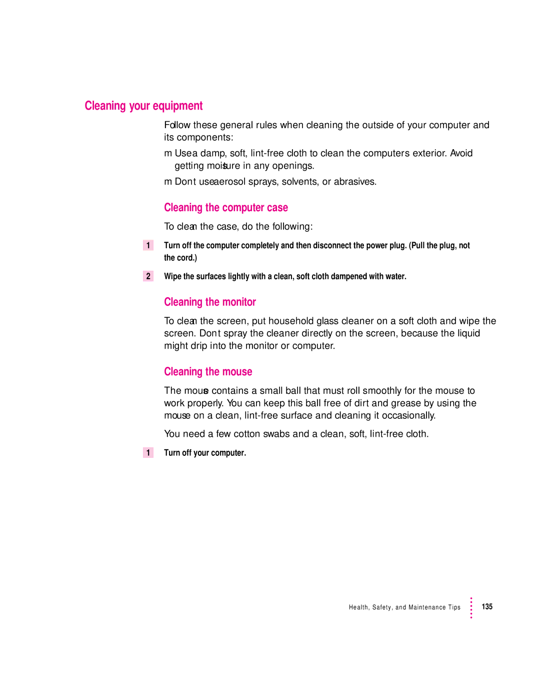 Apple 120 Series user manual Cleaning your equipment, Cleaning the computer case, Cleaning the monitor, Cleaning the mouse 