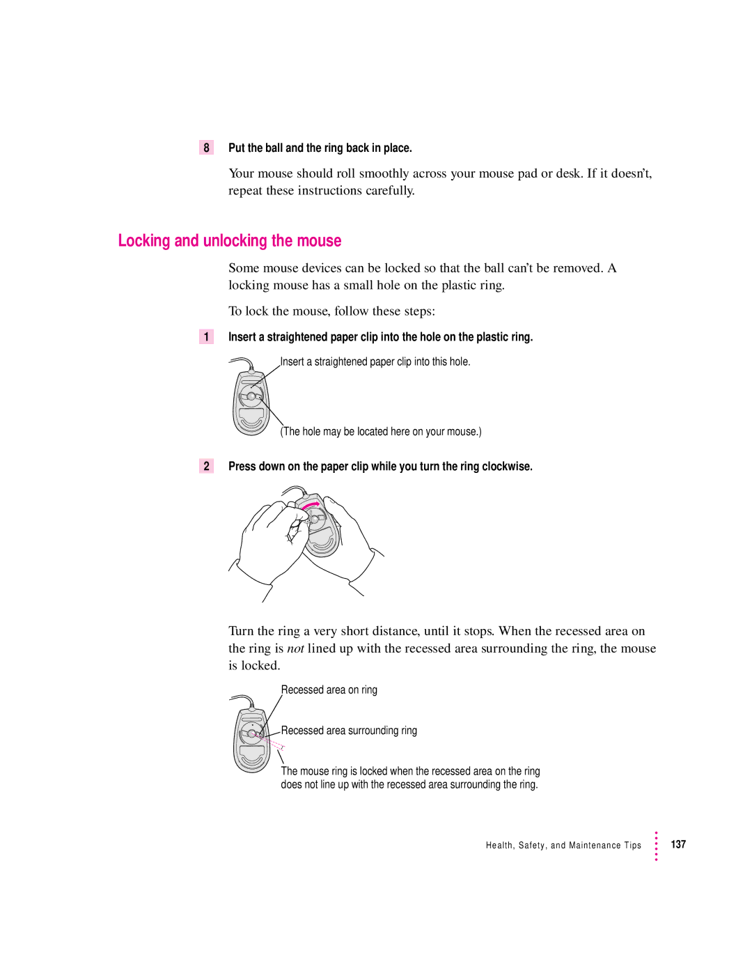 Apple 120 Series user manual Locking and unlocking the mouse, Put the ball and the ring back in place 