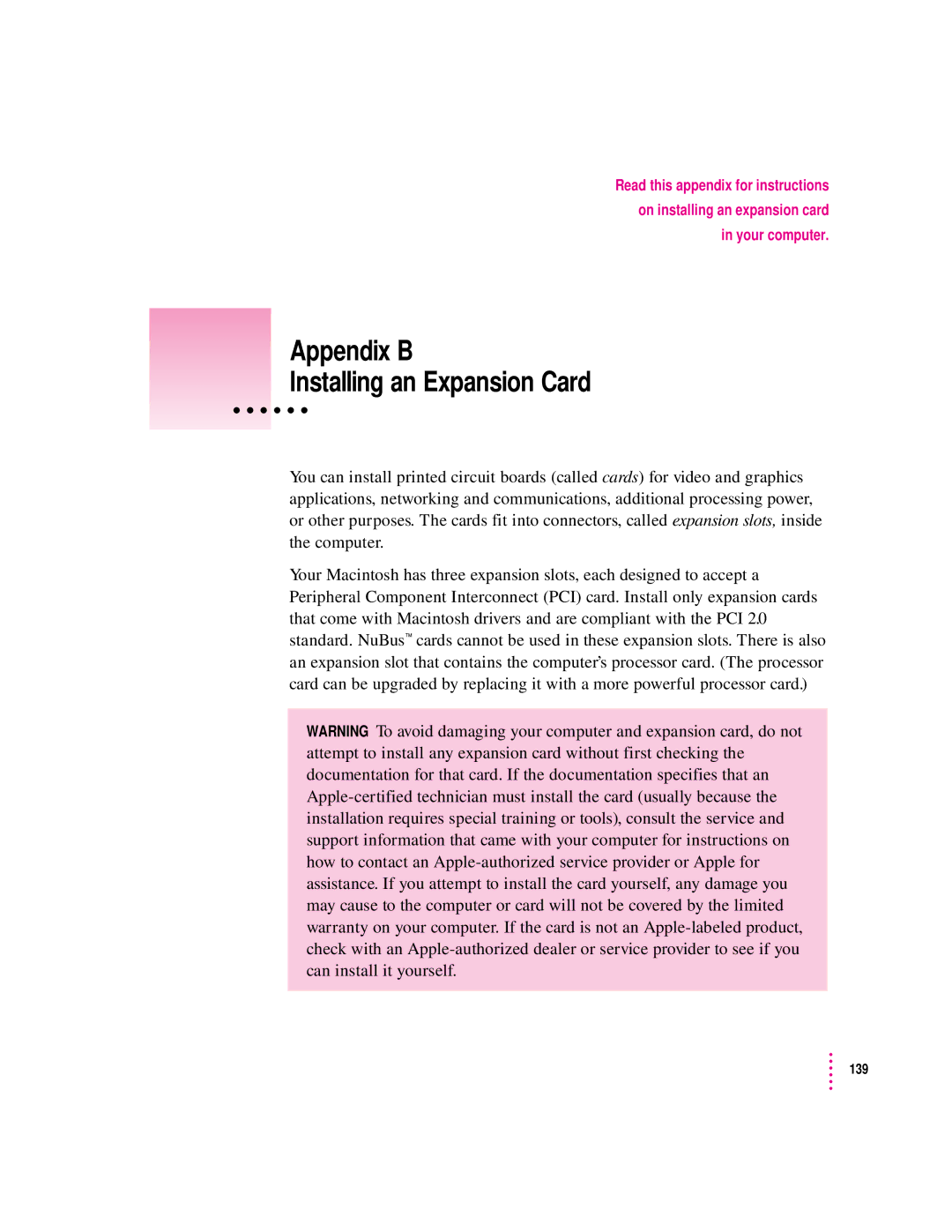 Apple 120 Series user manual Appendix B Installing an Expansion Card 