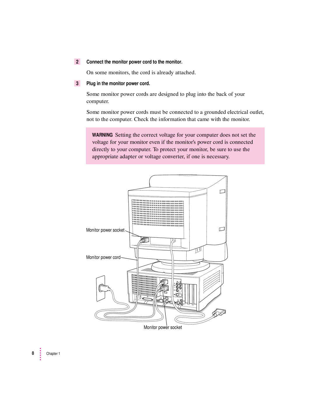 Apple 120 Series user manual On some monitors, the cord is already attached, Connect the monitor power cord to the monitor 