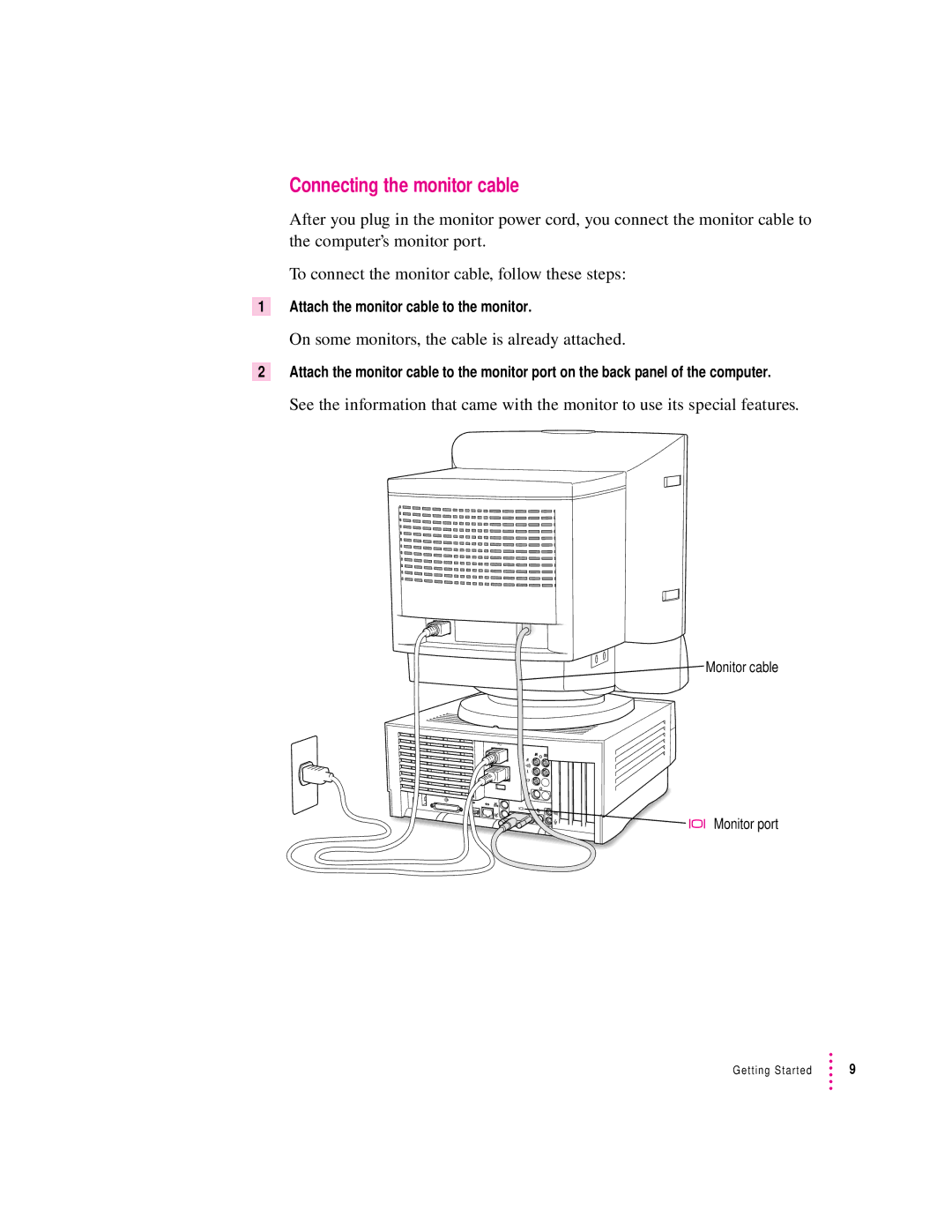 Apple 120 Series user manual Connecting the monitor cable, On some monitors, the cable is already attached 