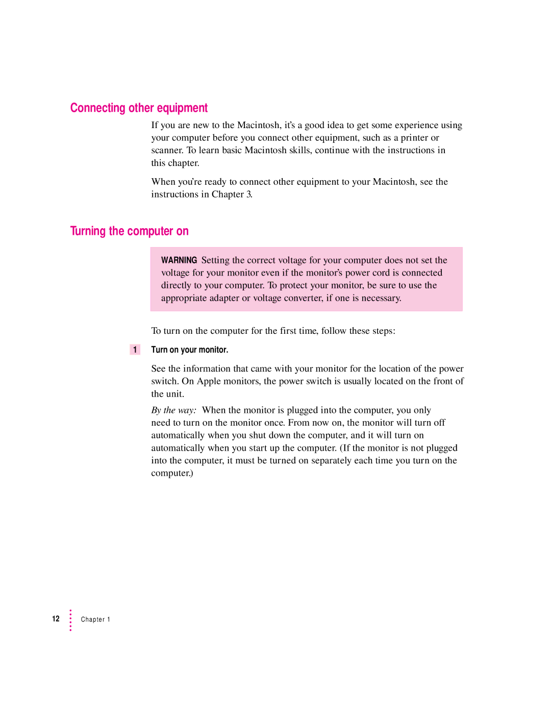 Apple 120 Series user manual Connecting other equipment, Turning the computer on, Turn on your monitor 