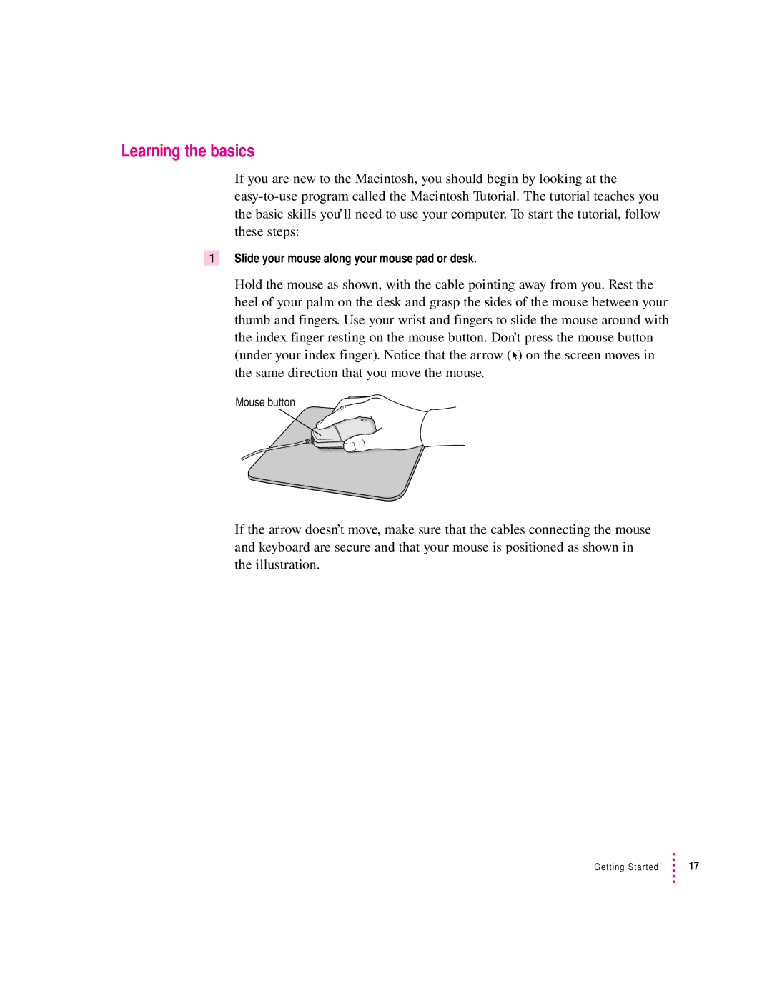 Apple 120 Series user manual Learning the basics, Slide your mouse along your mouse pad or desk 