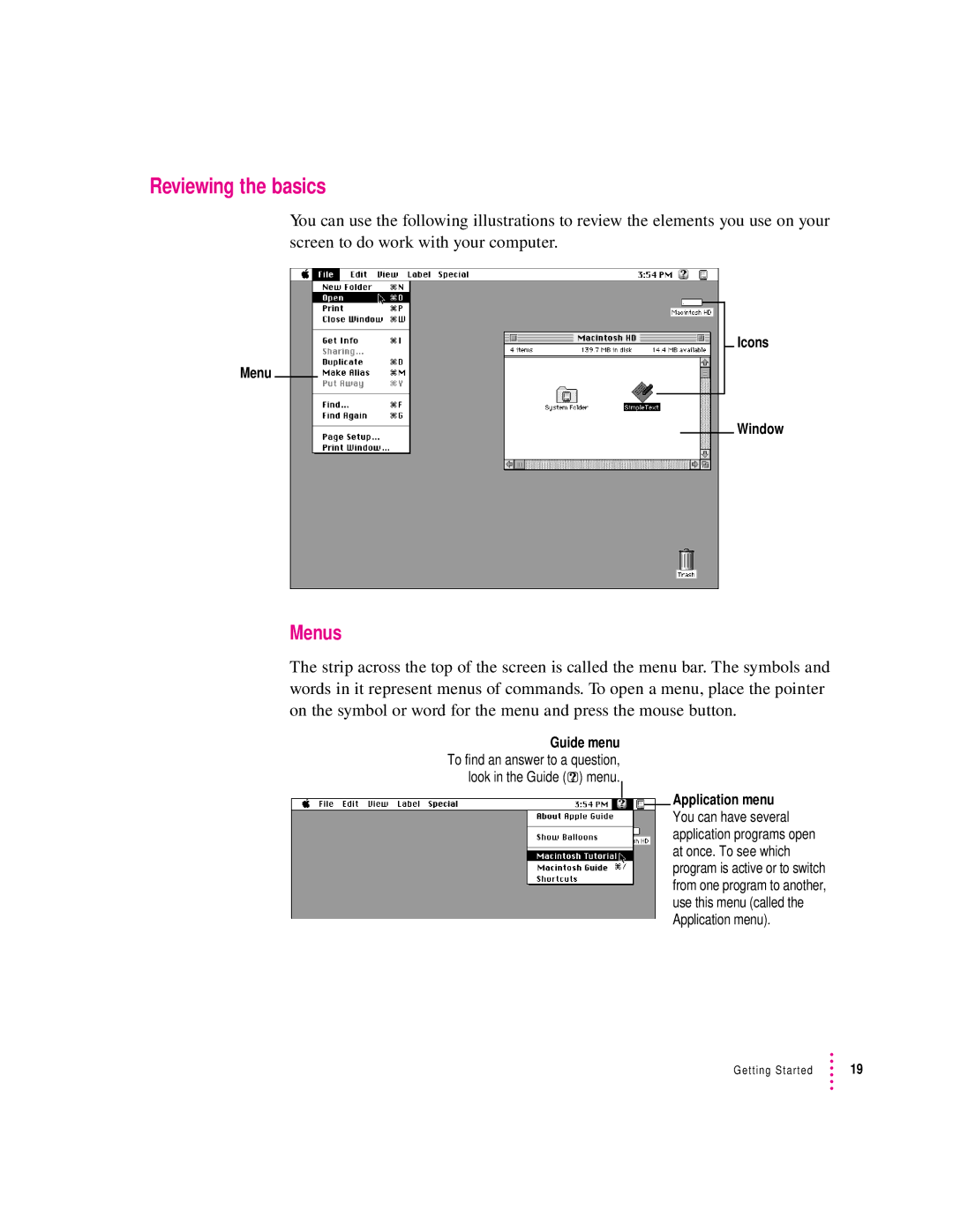 Apple 120 Series user manual Reviewing the basics, Menus, Menu Icons Window 