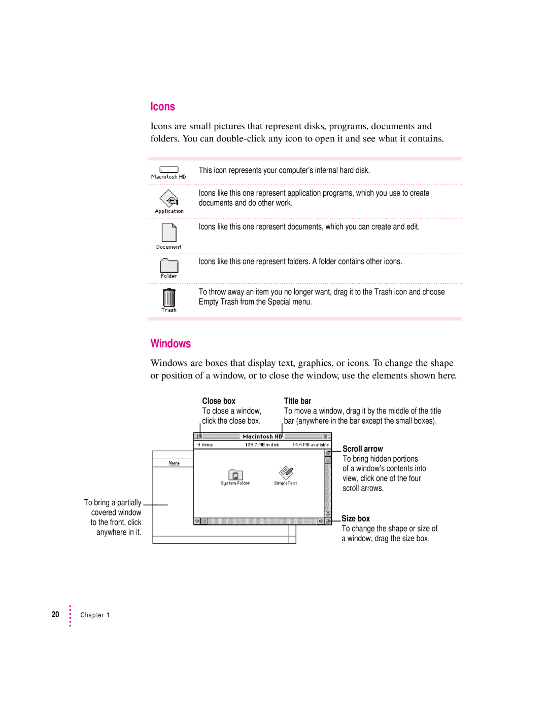 Apple 120 Series user manual Icons, Windows 