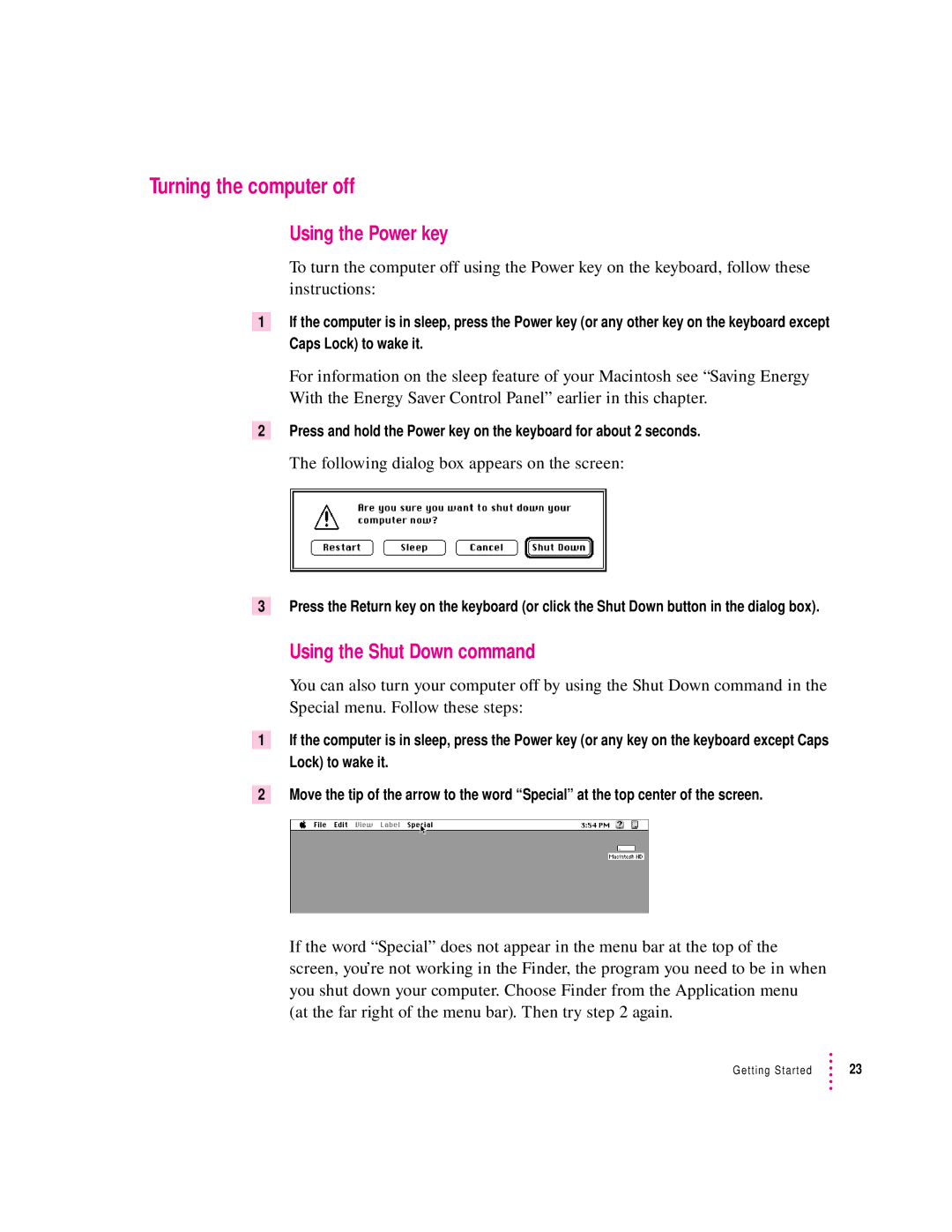 Apple 120 Series user manual Turning the computer off, Using the Power key, Using the Shut Down command 