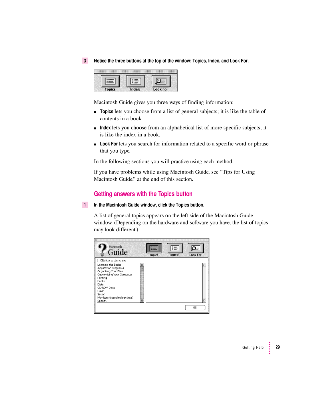 Apple 120 Series user manual Getting answers with the Topics button, Macintosh Guide window, click the Topics button 