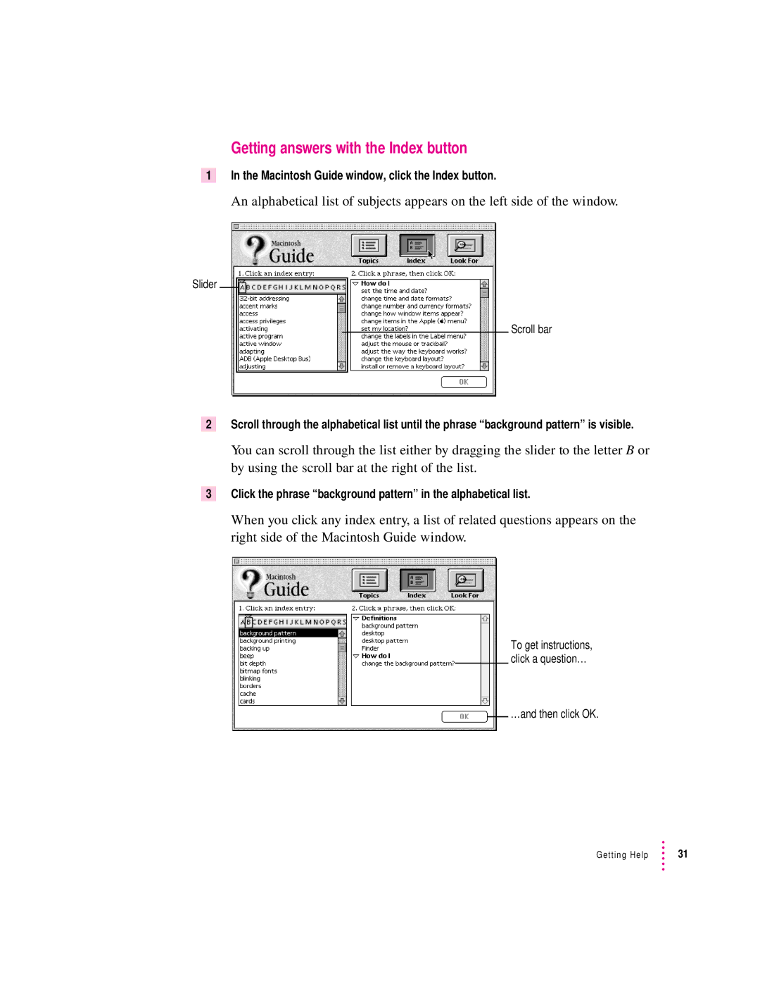 Apple 120 Series user manual Getting answers with the Index button, Macintosh Guide window, click the Index button 