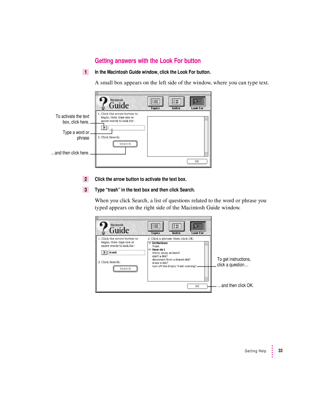 Apple 120 Series user manual Getting answers with the Look For button, Macintosh Guide window, click the Look For button 