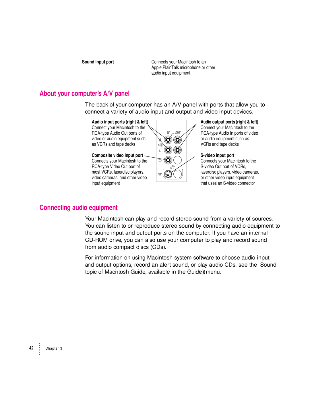 Apple 120 Series user manual About your computer’s A/V panel, Connecting audio equipment, Sound input port 