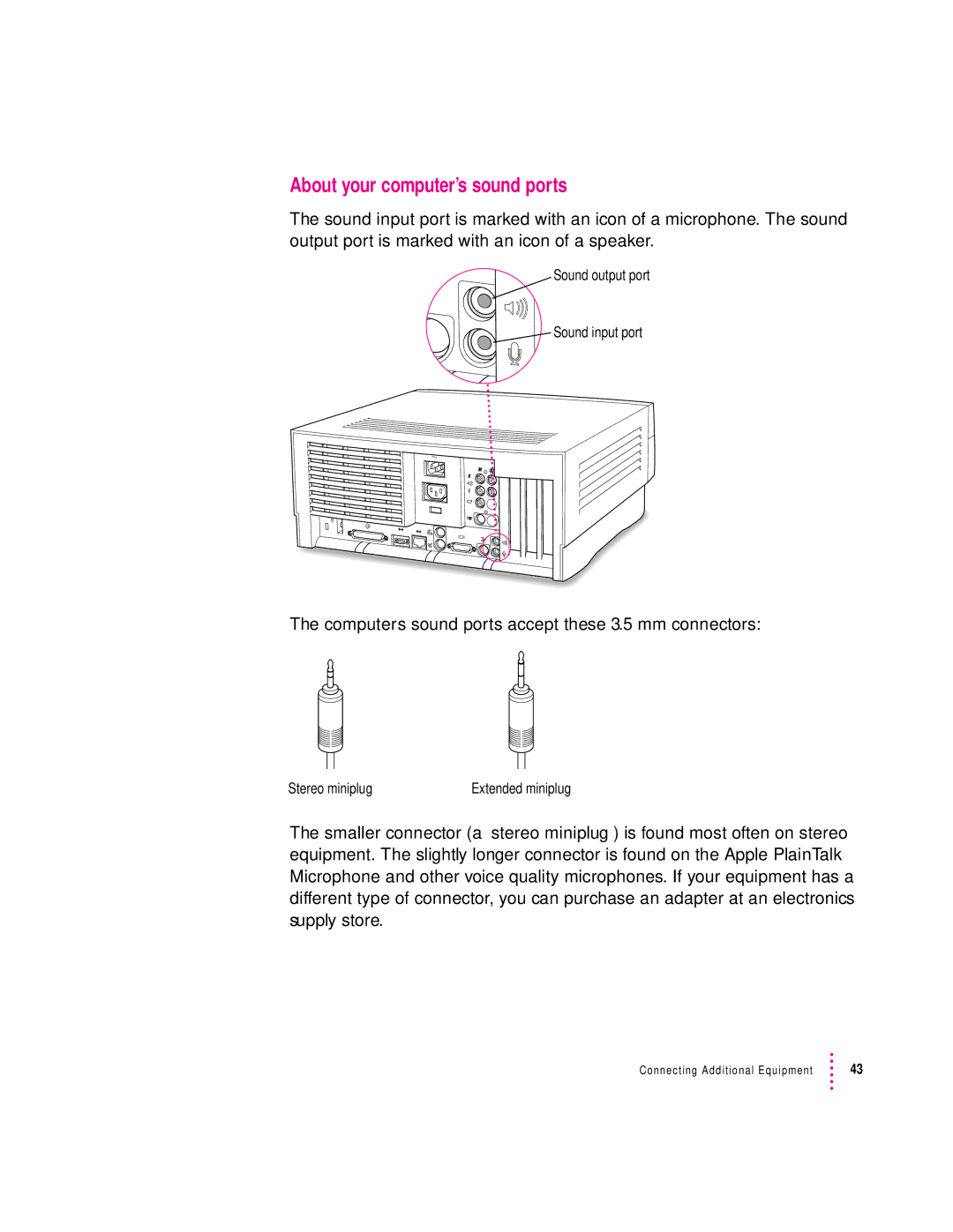 Apple 120 Series user manual About your computer’s sound ports, Computer’s sound ports accept these 3.5 mm connectors 