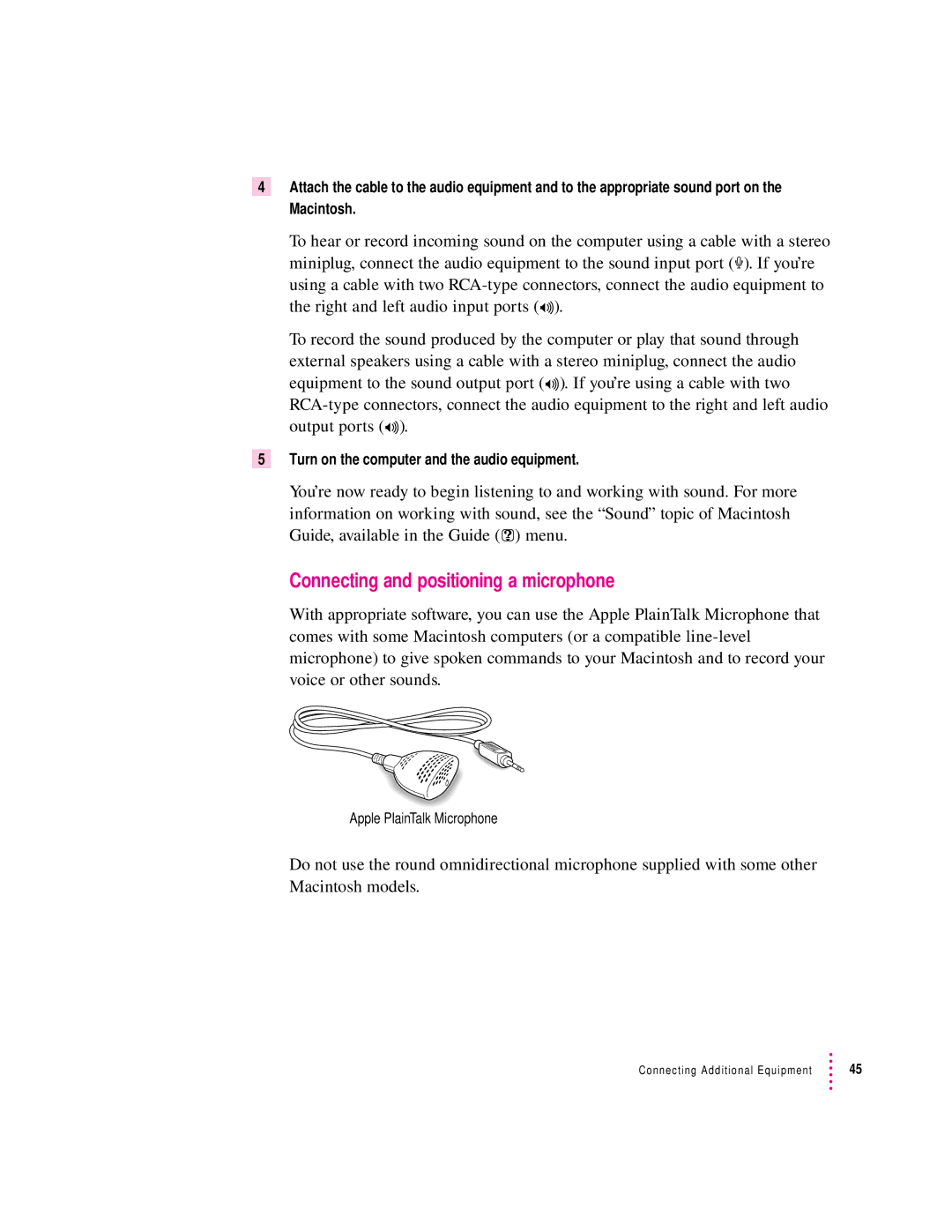 Apple 120 Series user manual Connecting and positioning a microphone, Turn on the computer and the audio equipment 