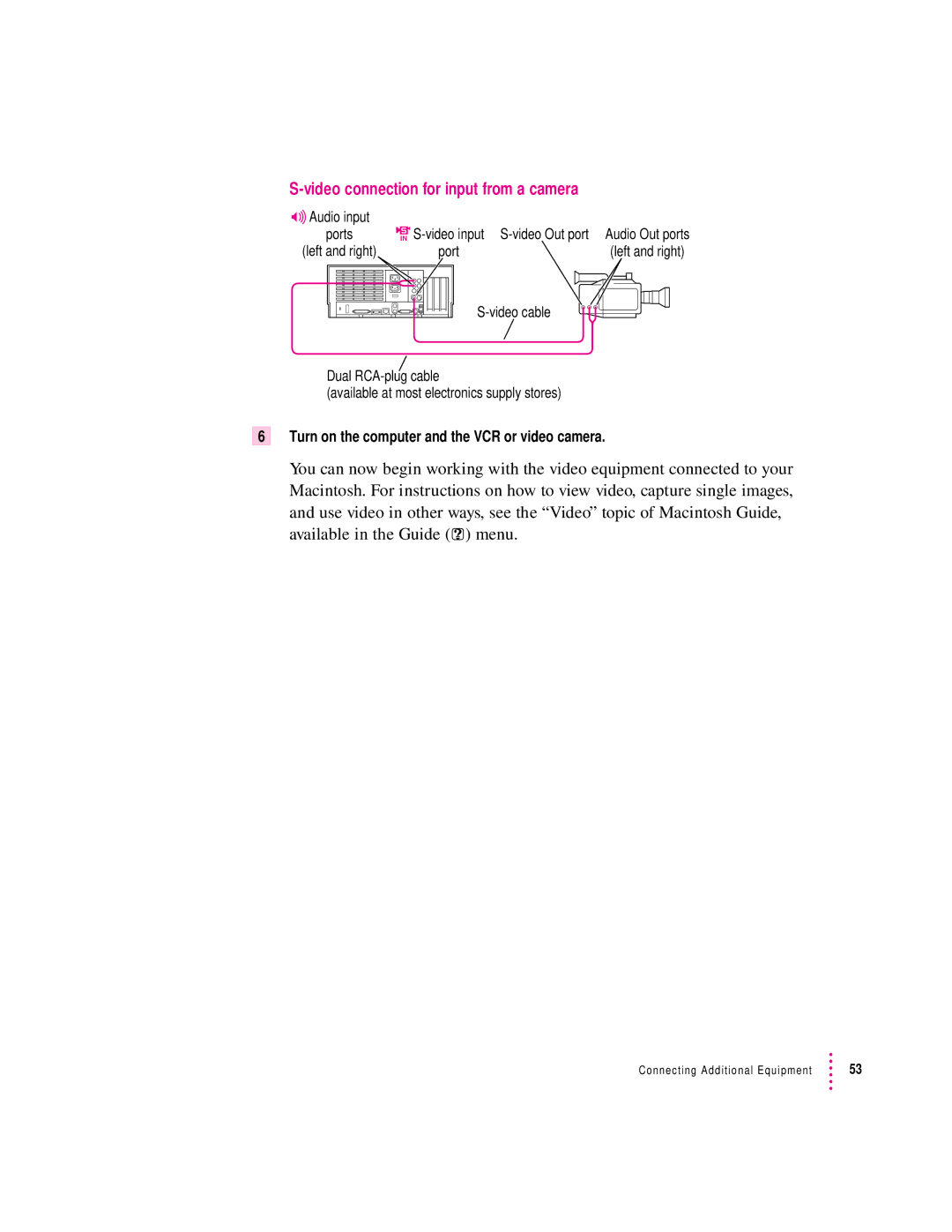 Apple 120 Series user manual Video connection for input from a camera, Turn on the computer and the VCR or video camera 