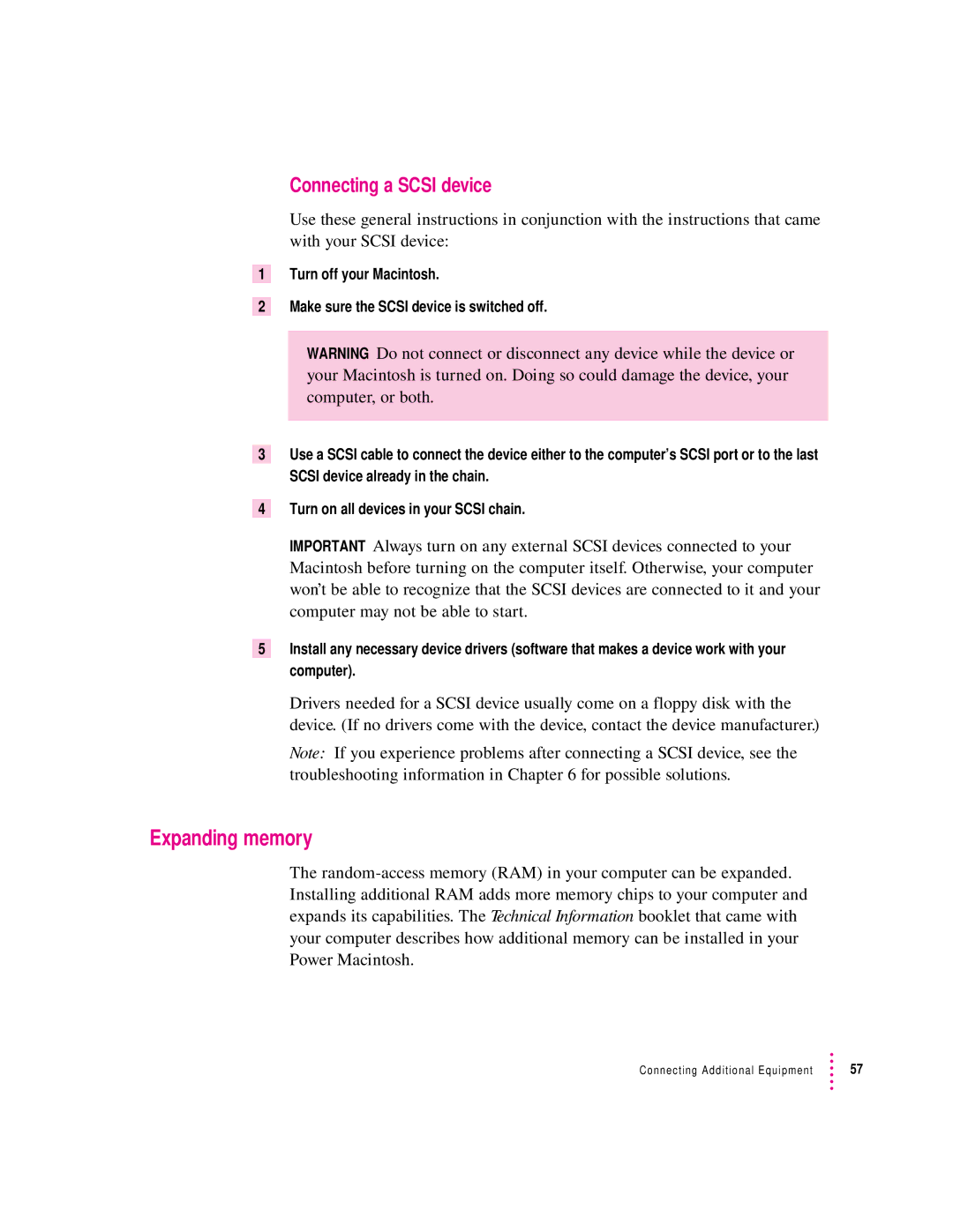 Apple 120 Series user manual Expanding memory, Connecting a Scsi device 